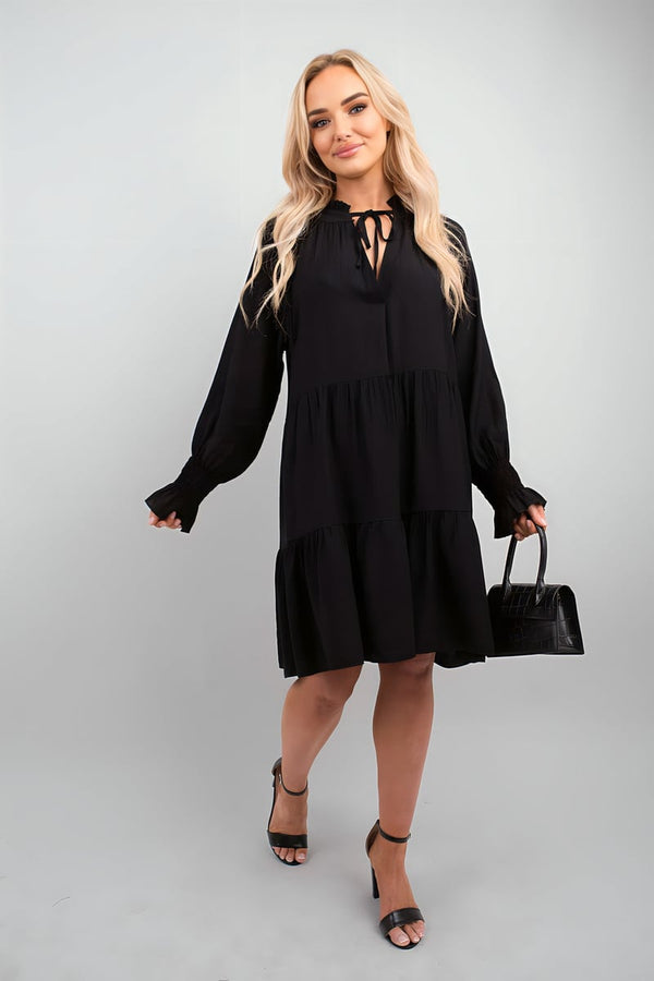 Renata Long Sleeve Front Tie Tiered Mini Dress - Black