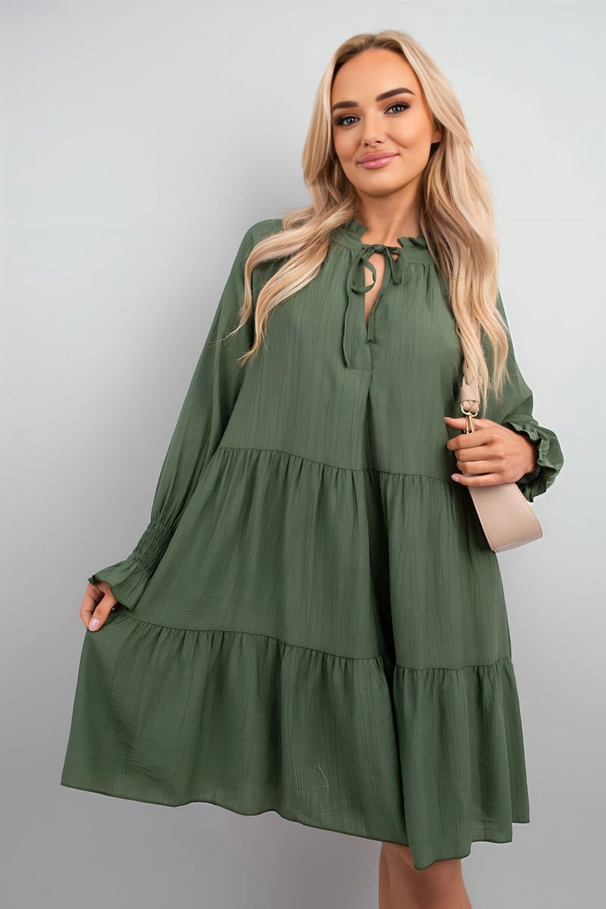 Renata Long Sleeve Front Tie Tiered Mini Dress - Khaki