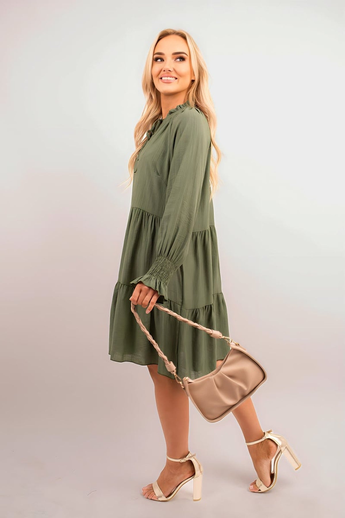 Renata Long Sleeve Front Tie Tiered Mini Dress - Khaki