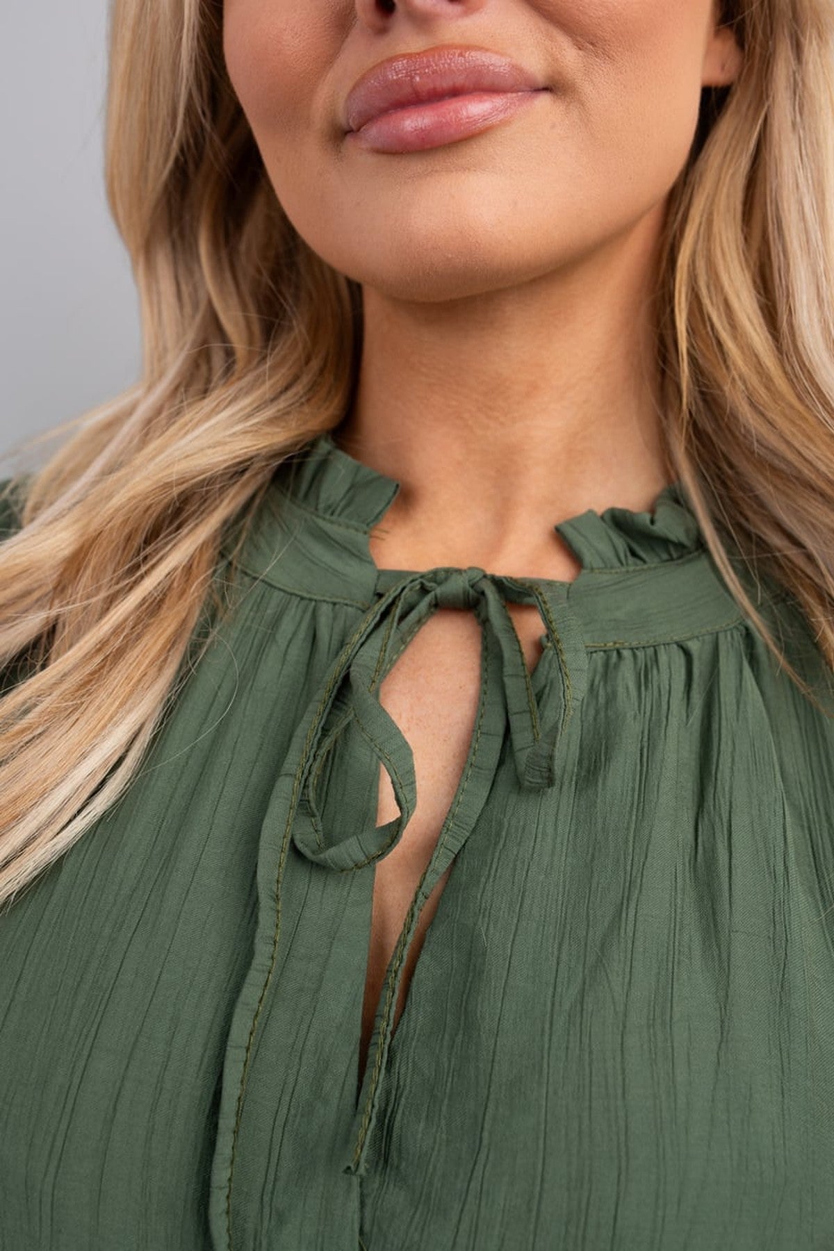 Renata Long Sleeve Front Tie Tiered Mini Dress - Khaki