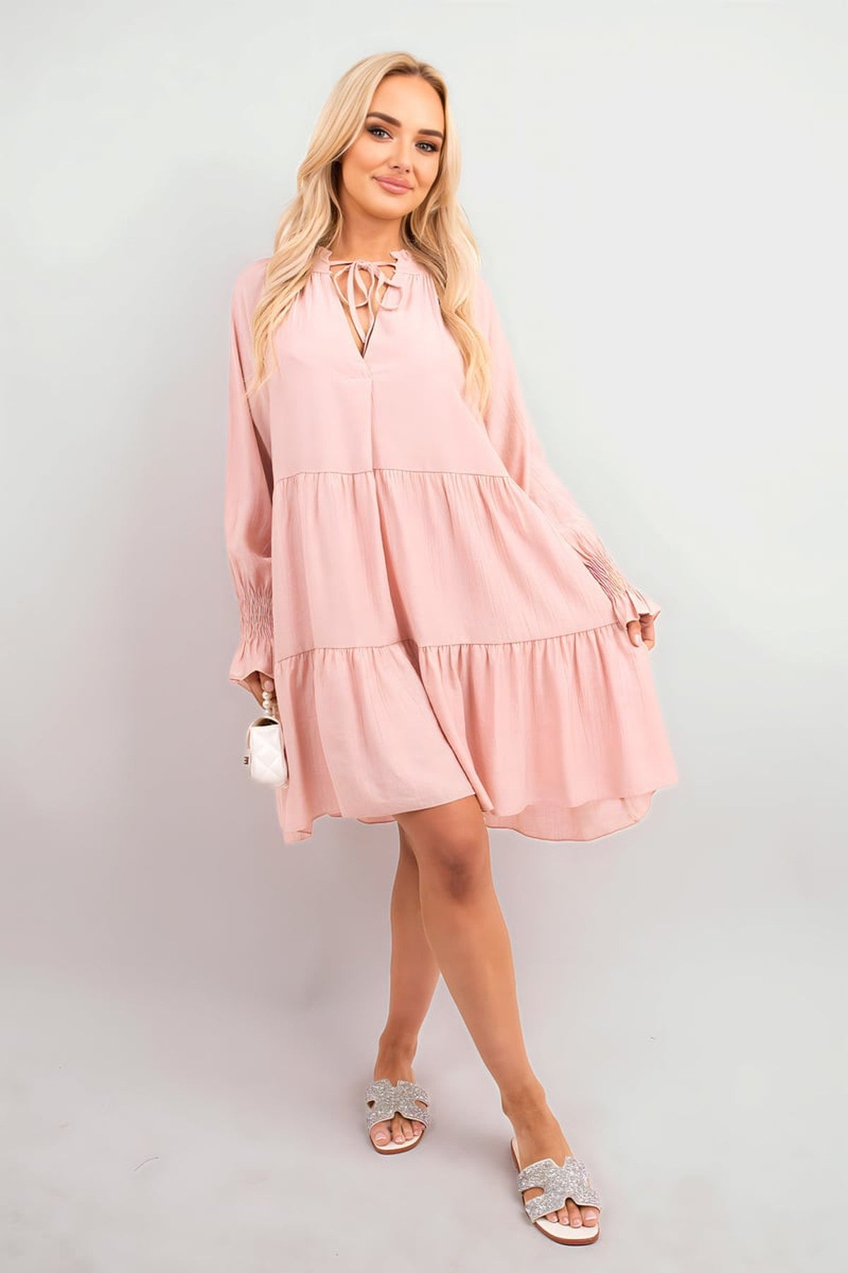 Renata Long Sleeve Front Tie Tiered Mini Dress - Pink