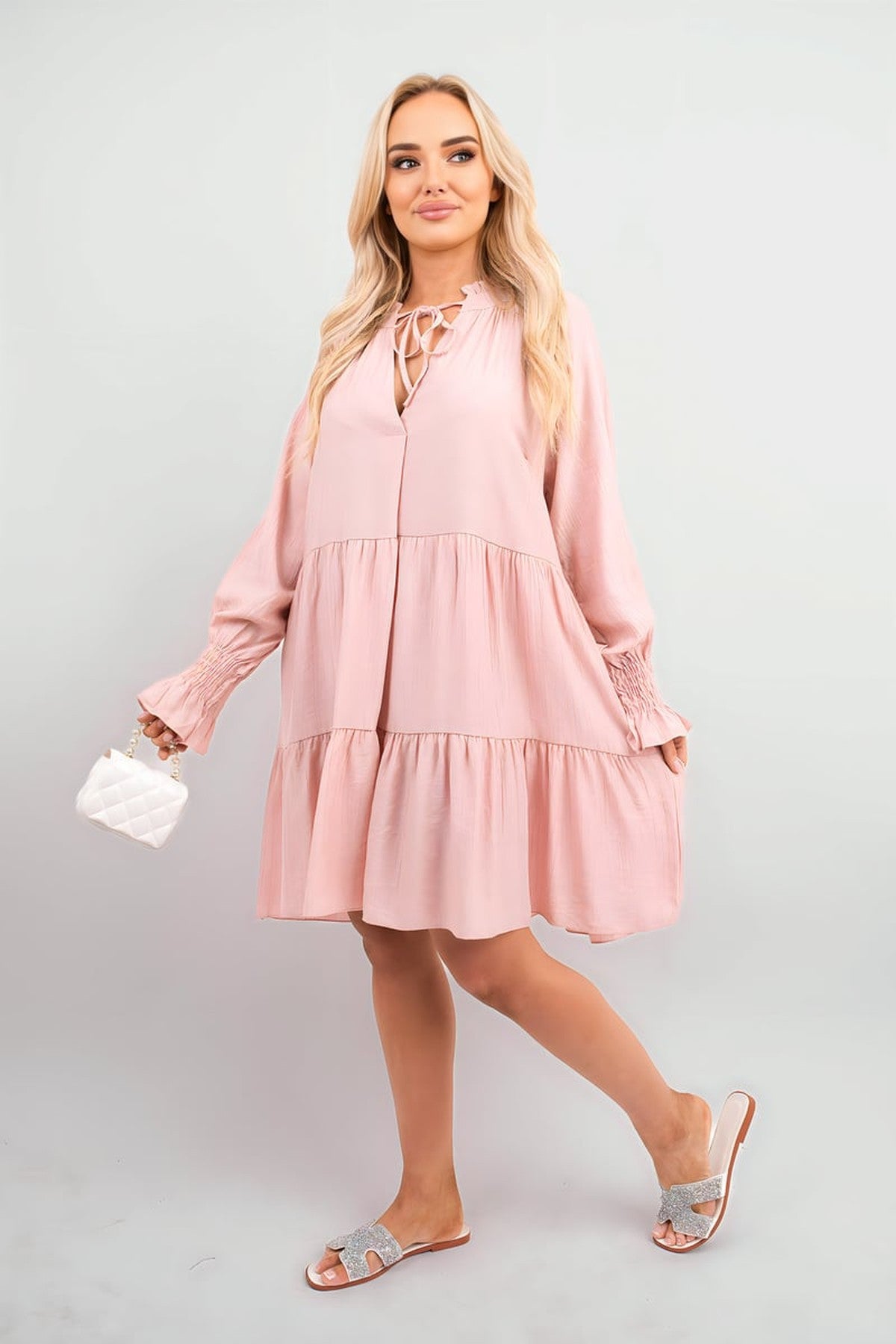 Renata Long Sleeve Front Tie Tiered Mini Dress - Pink