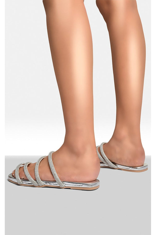 Reya Embellished Asymmetrical Strap Flat Sandals - Silver