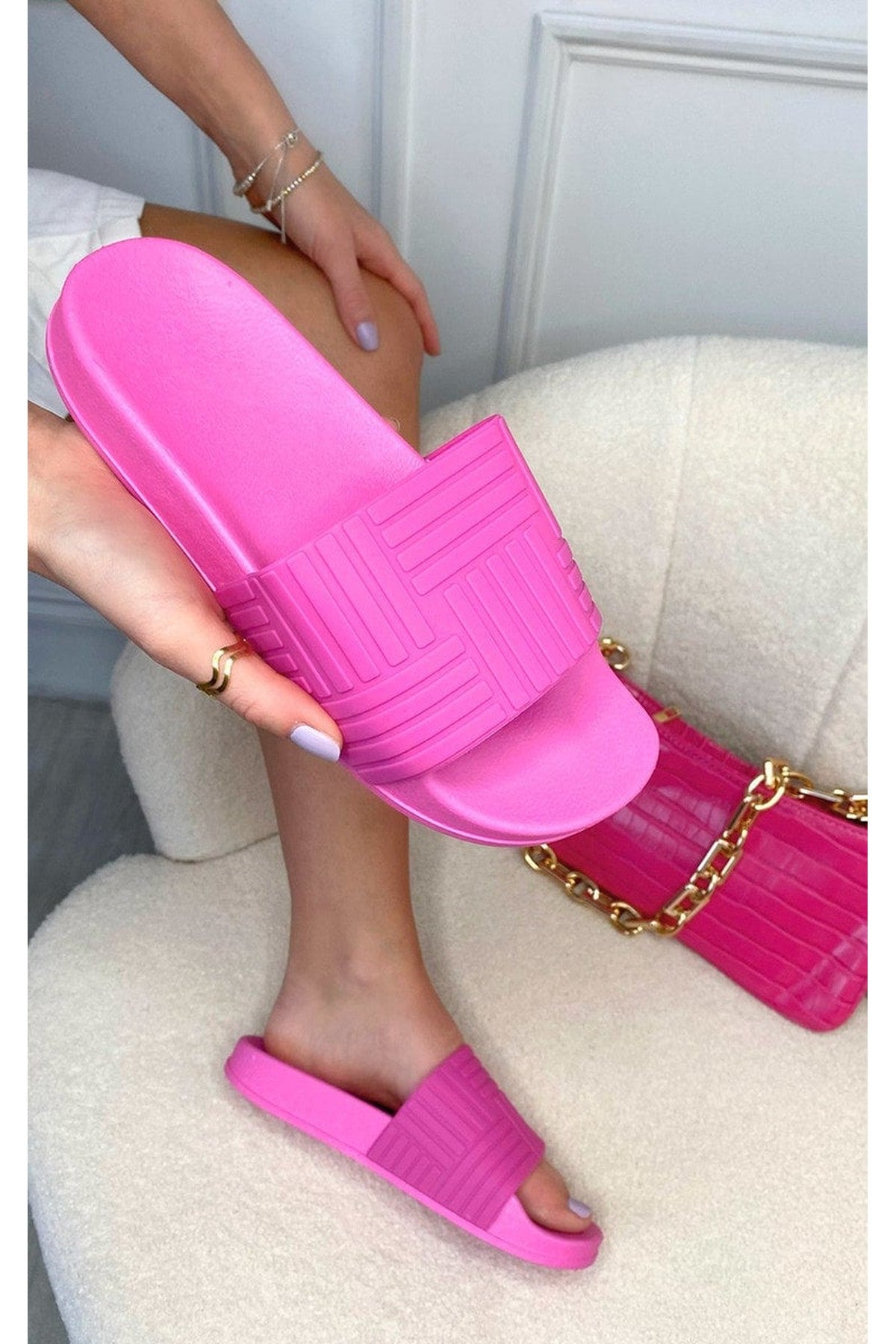 Rhian Faux Leather Slip On Sliders - Fuschia