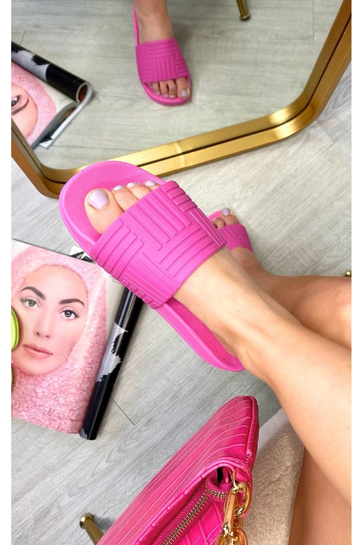 Rhian Faux Leather Slip On Sliders - Fuschia