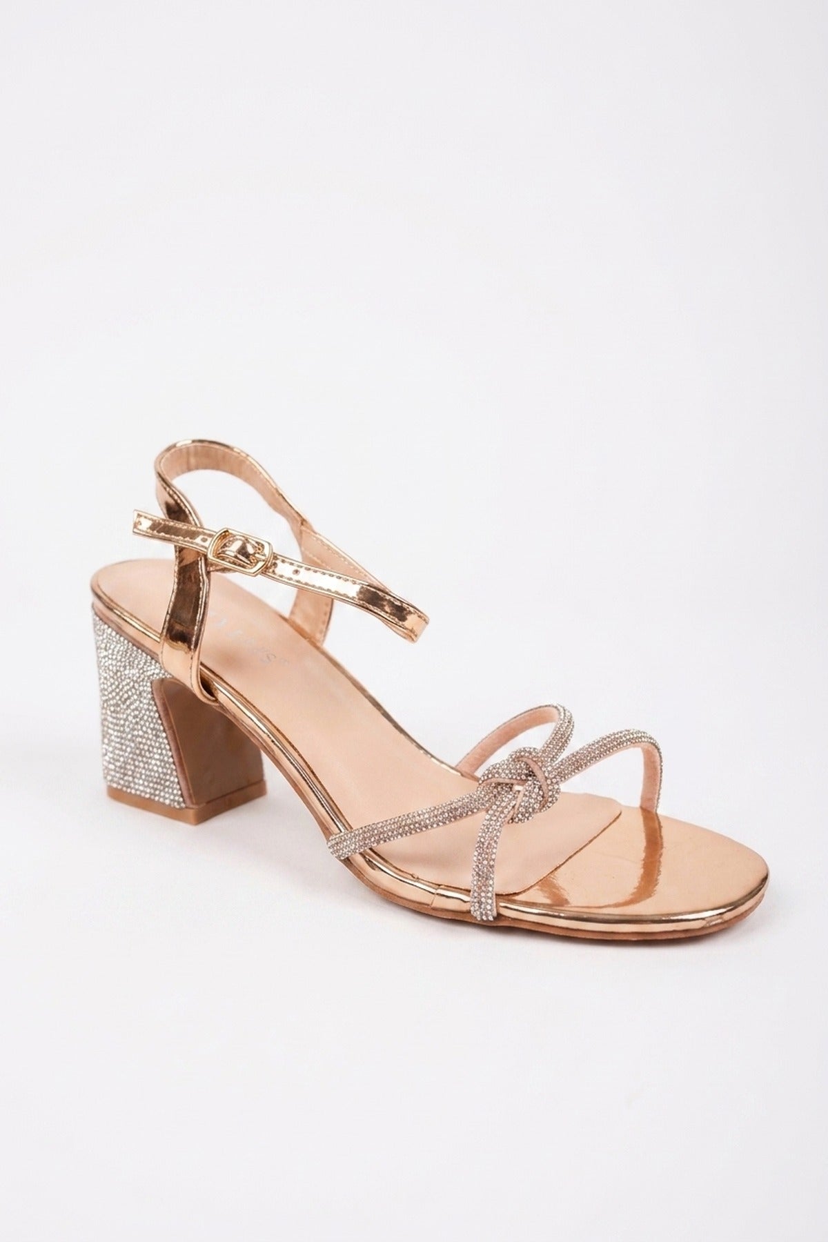 Edie Rhinestone Block Heel Knotted Sandals - Champagne