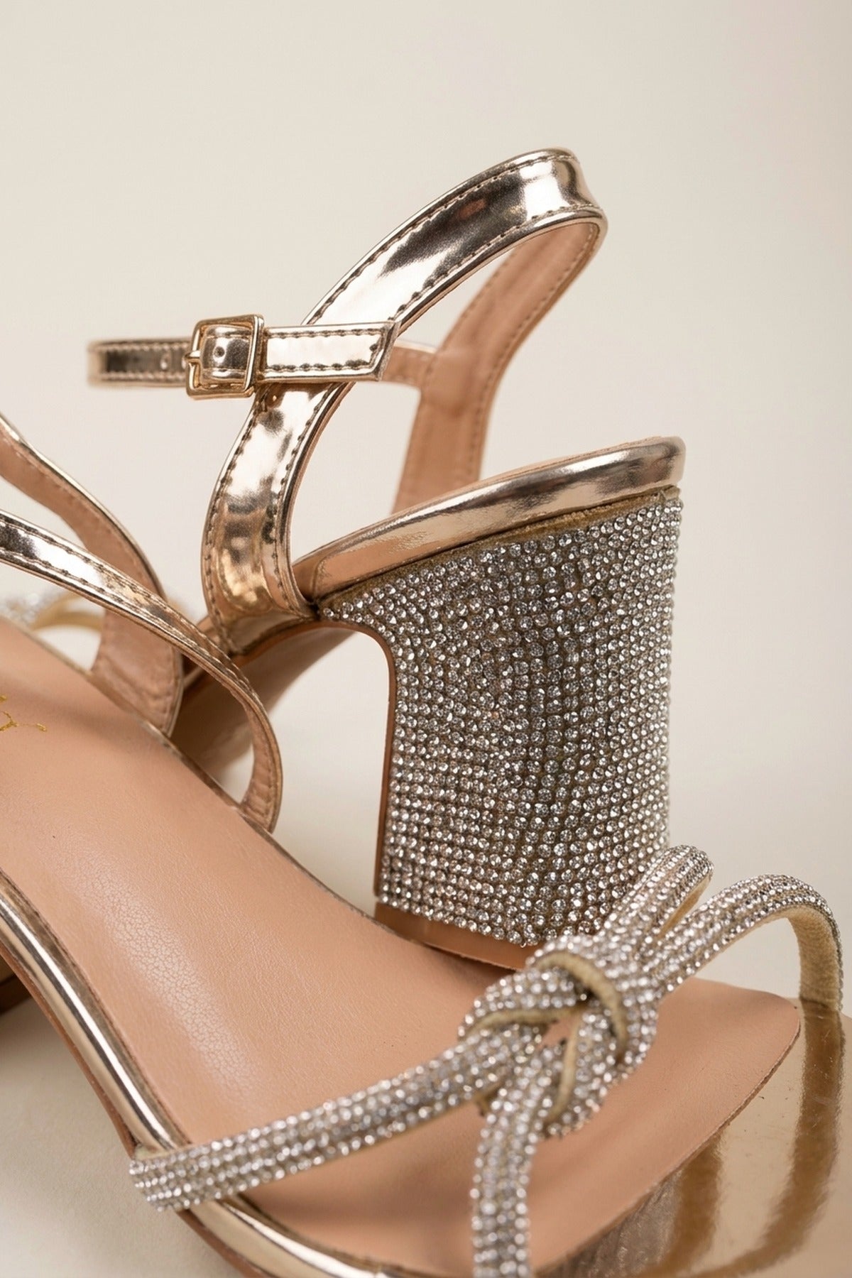 Edie Rhinestone Block Heel Knotted Sandals - Gold