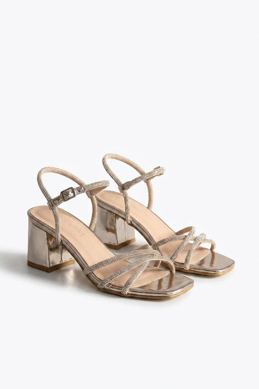 Willow Rhinestone Block Heel Sandals - Silver