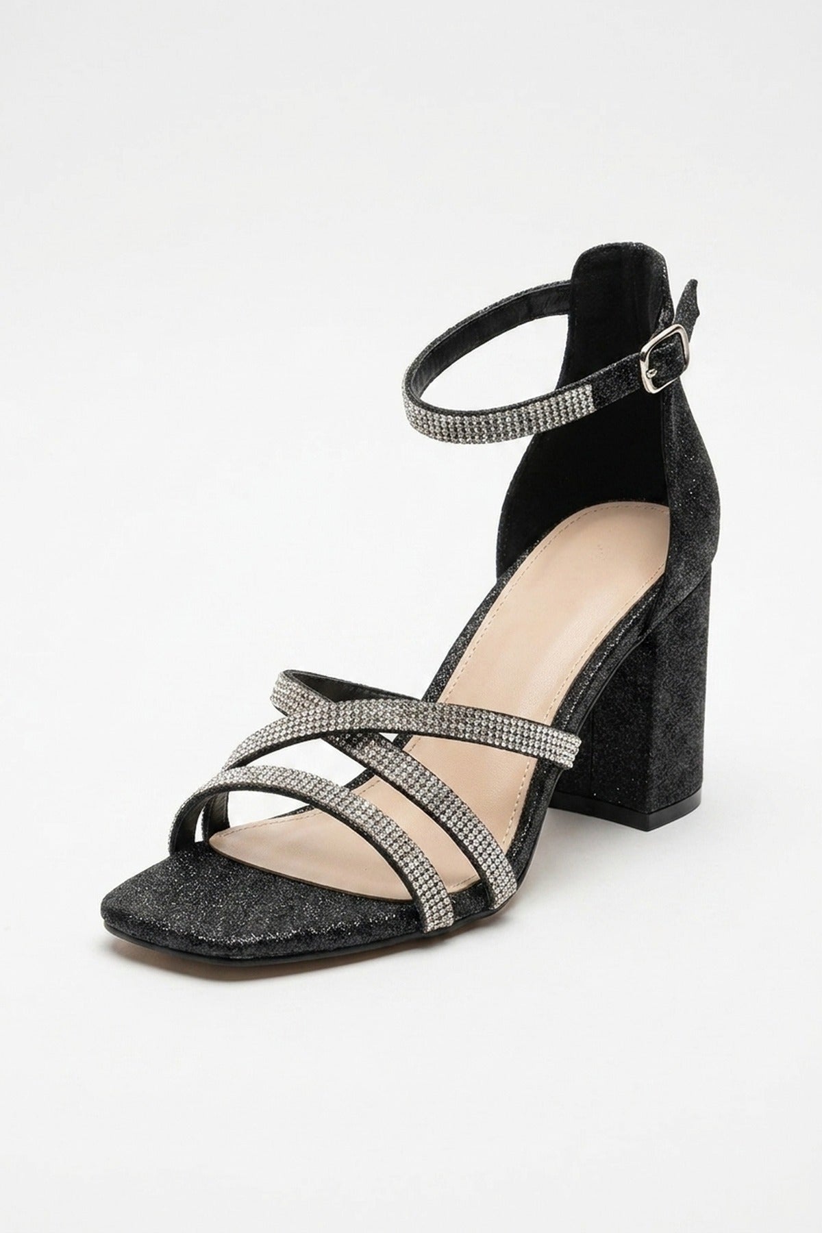Saoirse Glitter Block Heel Strappy Sandals - Black