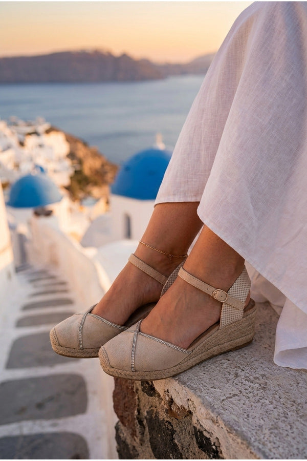 Tula Rhinestone Trim Espadrille Wedges - Beige