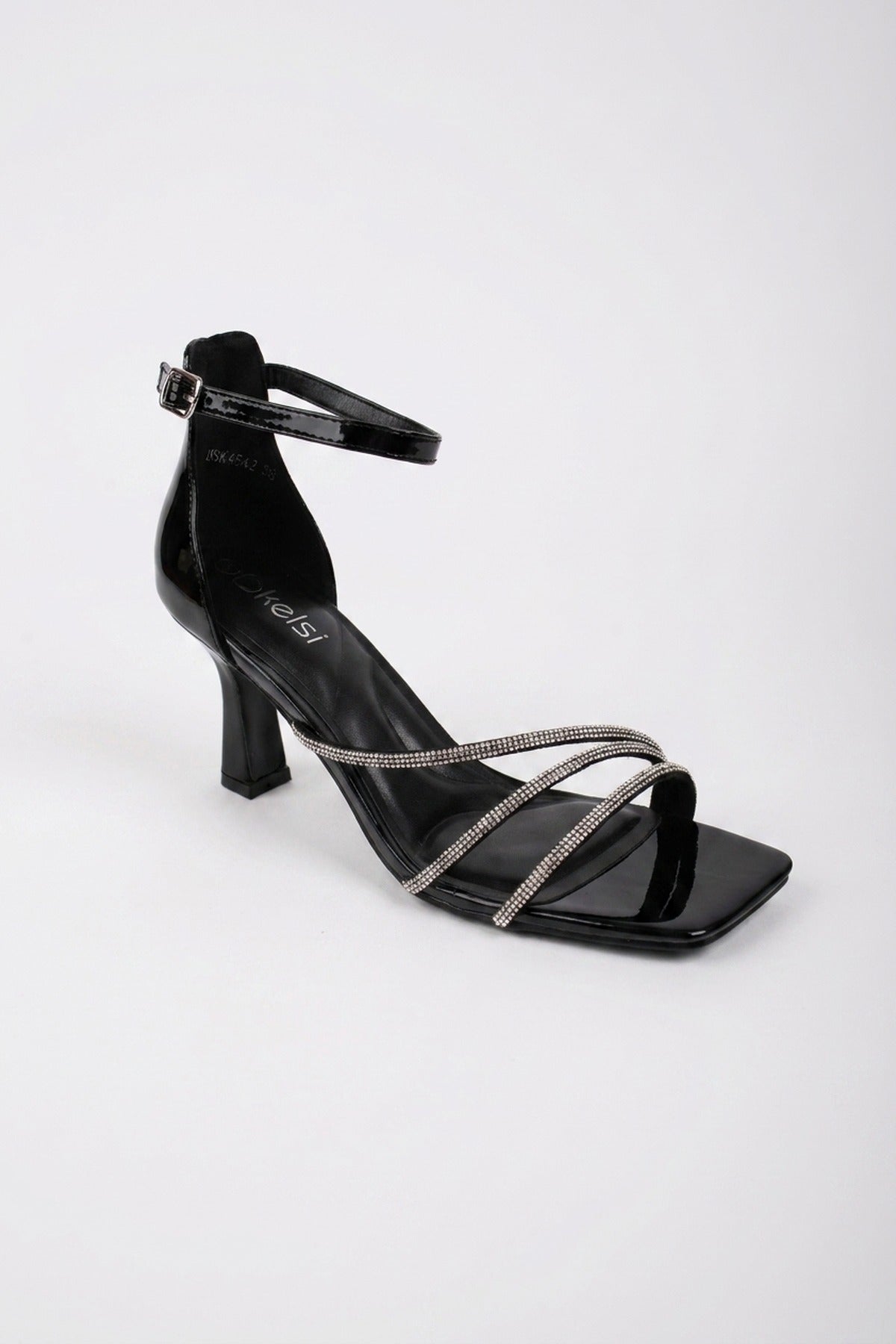 Saoirse Patent Rhinestone Strap Square Sandals - Black