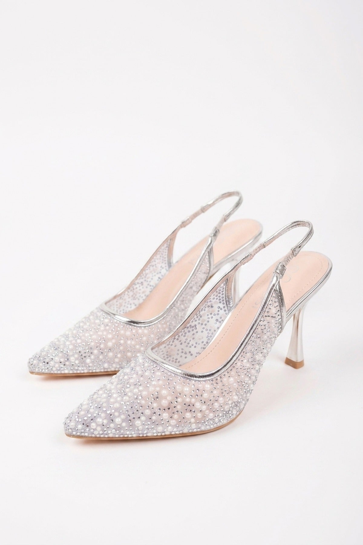 Cordelia Embellished Mesh Pointed Toe Heels - Silver