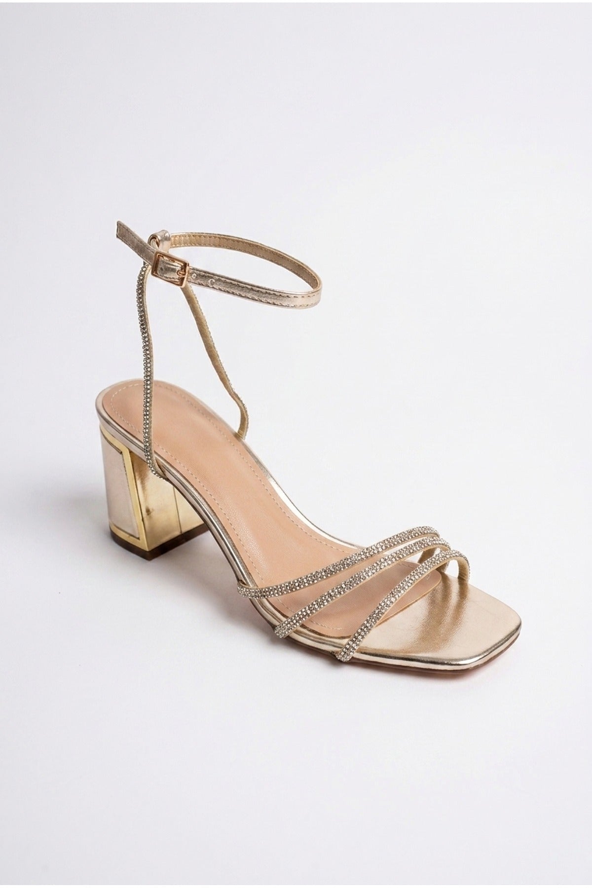Cordelia Rhinestone Strap Block Heel Sandals - GOLD