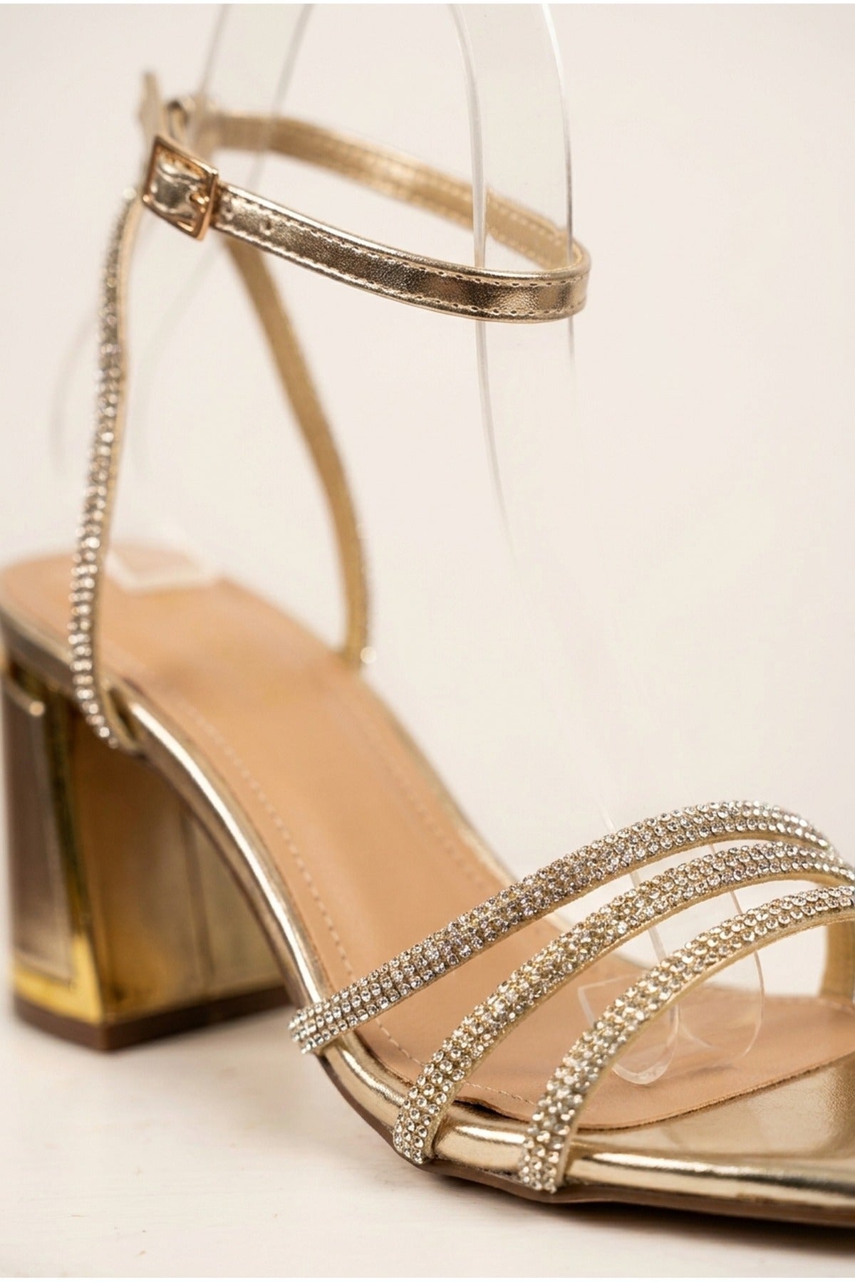 Cordelia Rhinestone Strap Block Heel Sandals - GOLD