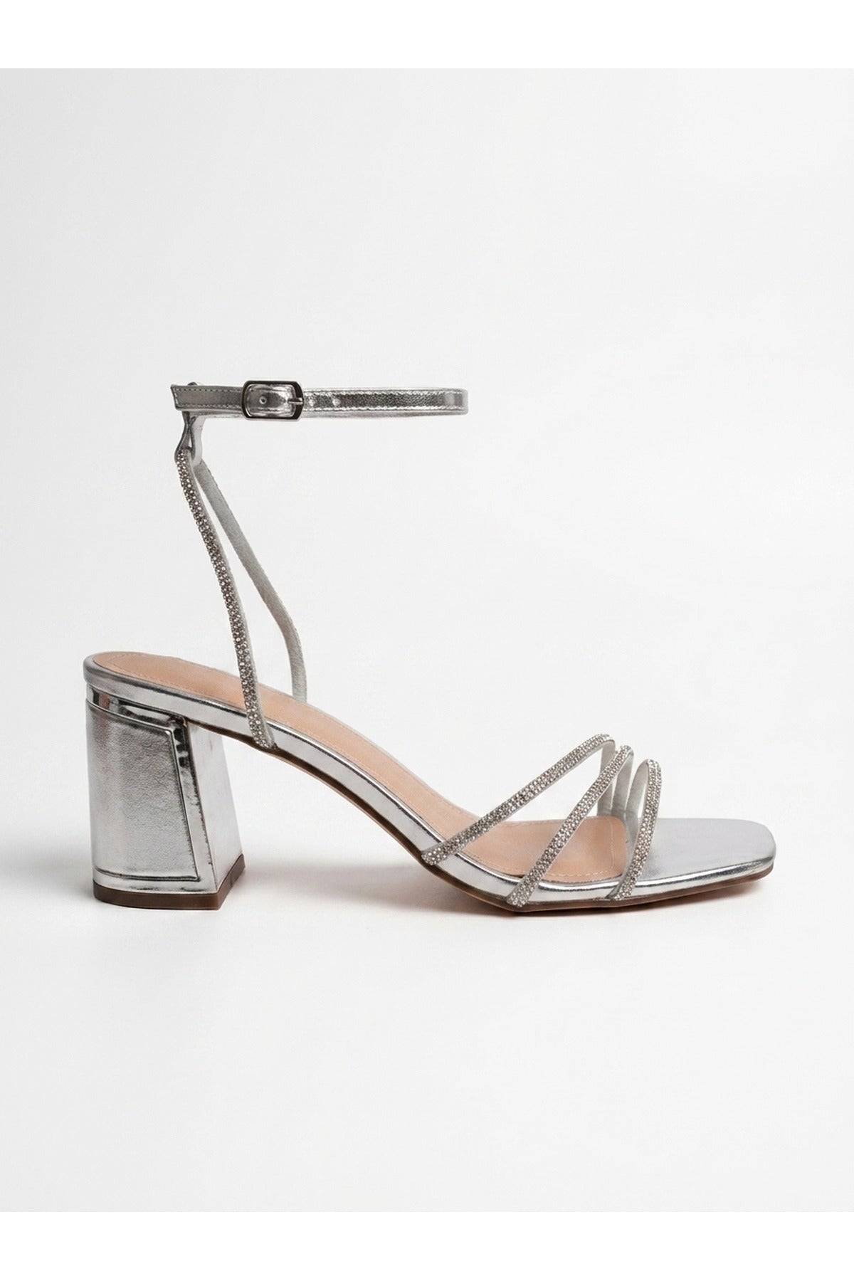 Cordelia Rhinestone Strap Block Heel Sandals - SILVER