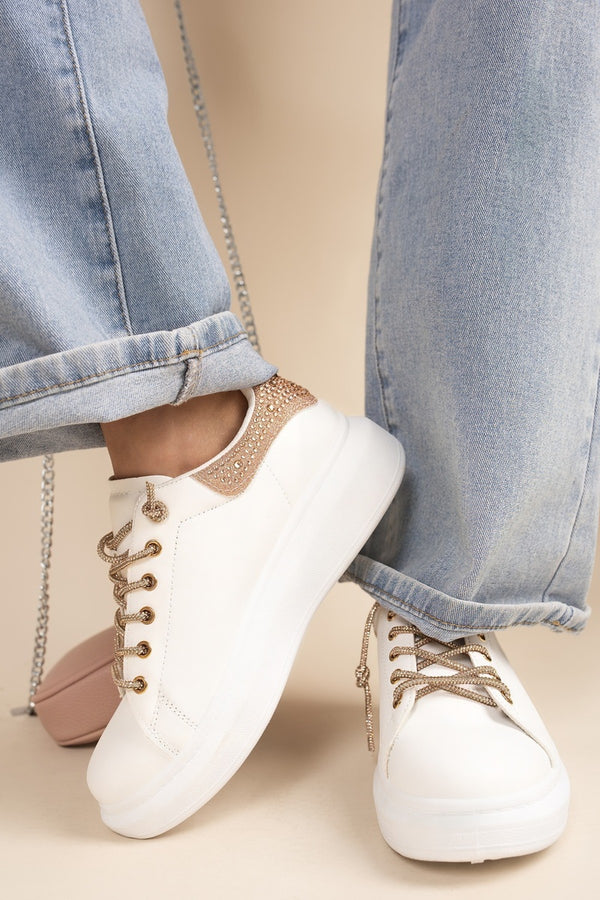 Rhosyn Lace Up Glitter Detail Trainer - Champagne
