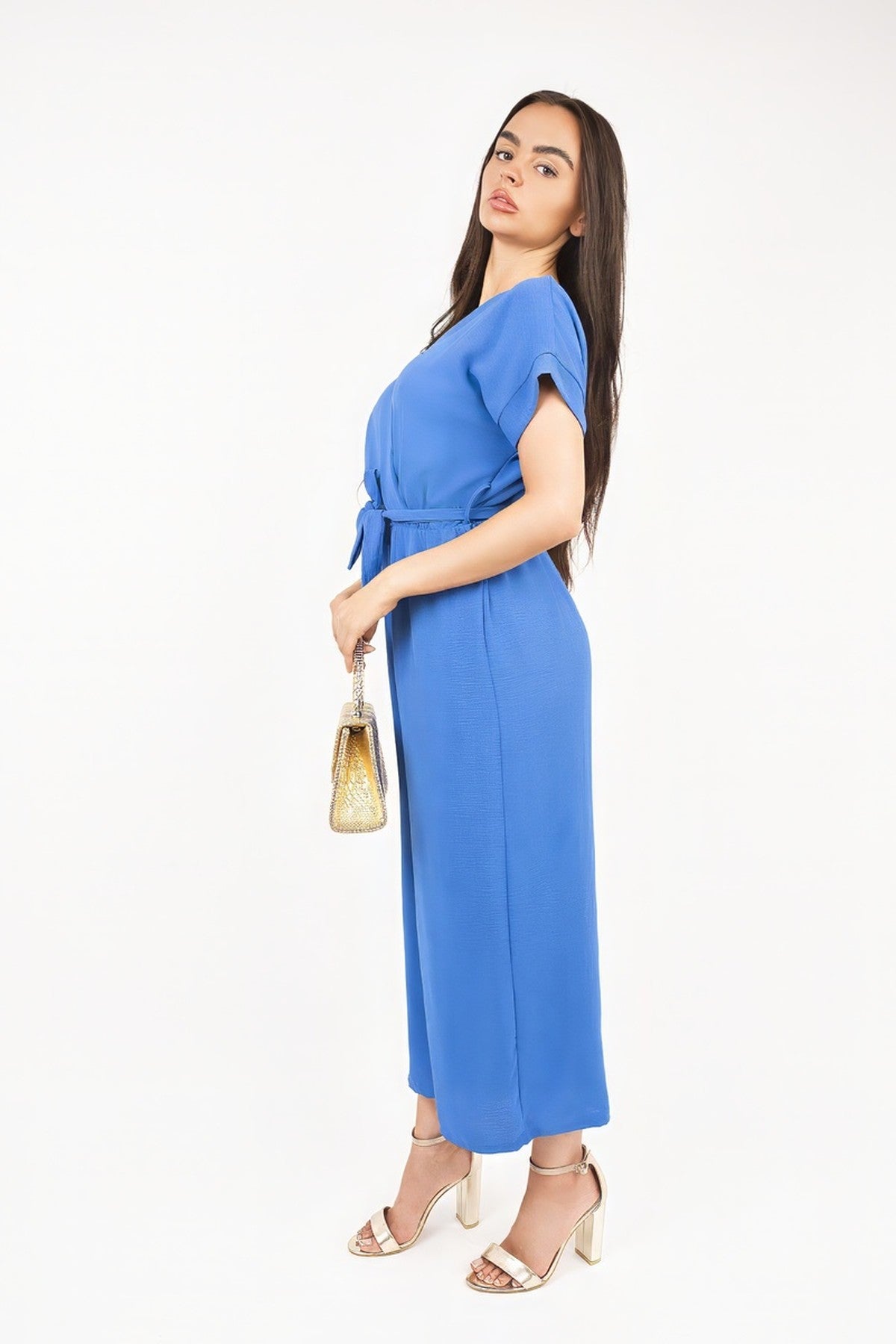 Nerina Wrap Short Sleeve Wide Leg Jumpsuit With Tie Waist - Royal