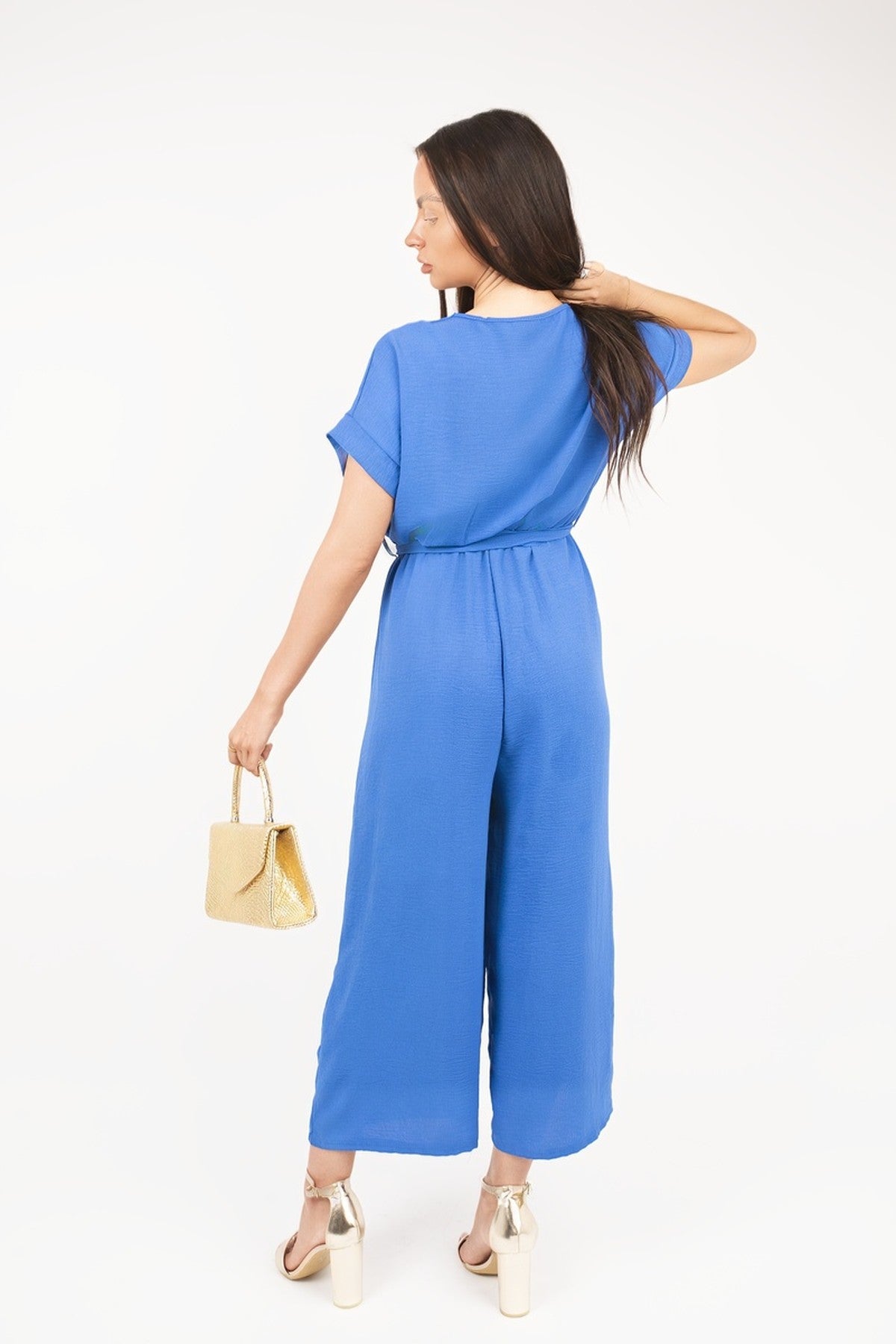 Nerina Wrap Short Sleeve Wide Leg Jumpsuit With Tie Waist - Royal