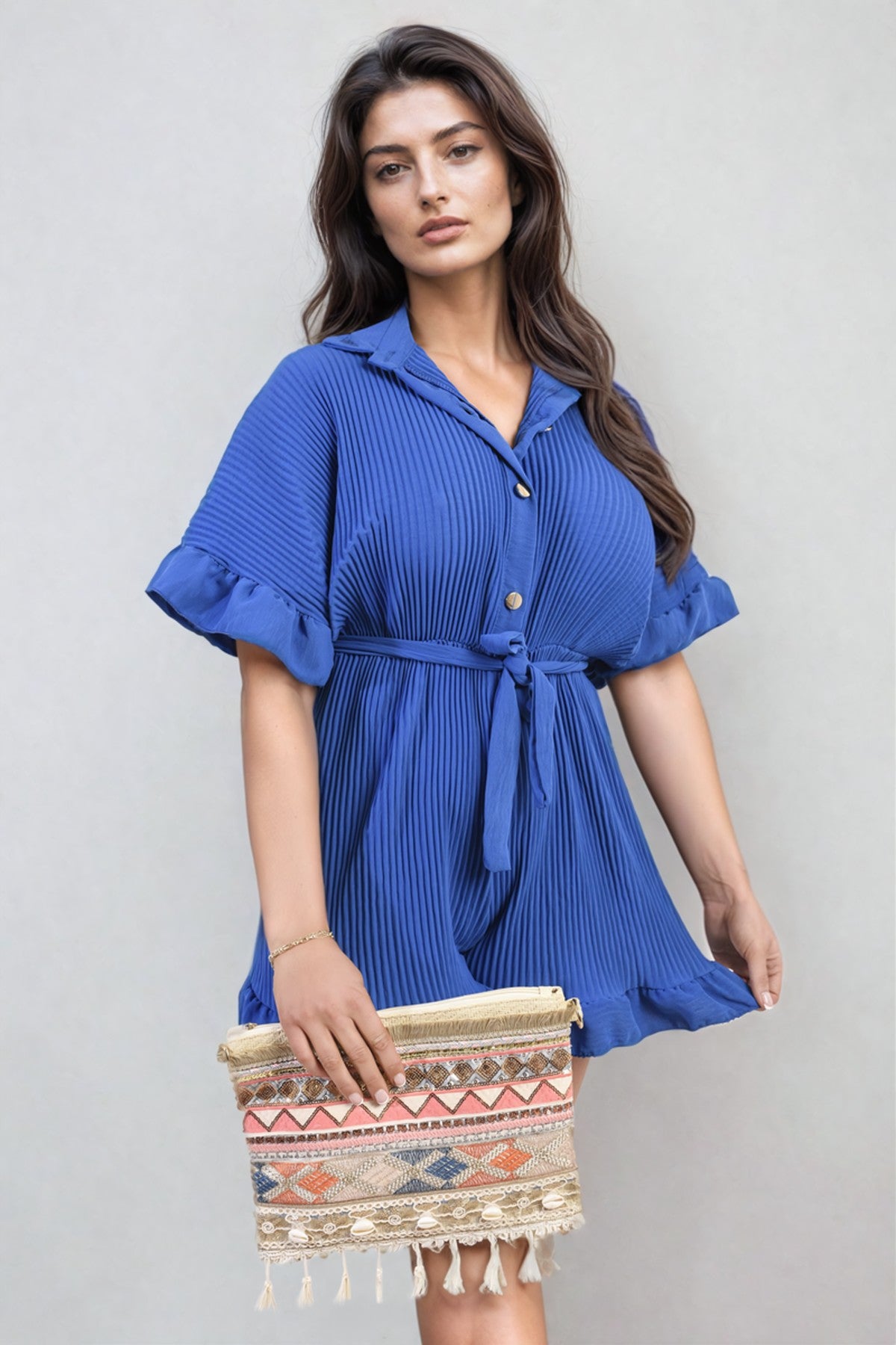 Marissa Pleated Frill Ruffle Tie Waist Playsuit - Royal Blue