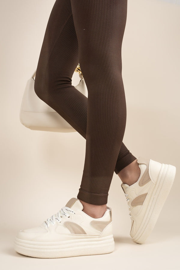 Salira Chunky Panelled Lace Up Trainers With Contrast Detail - Beige