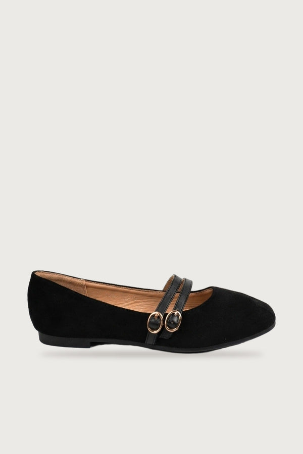 Saoirse Faux Suede Double Buckle Strap Ballet Flats - Black