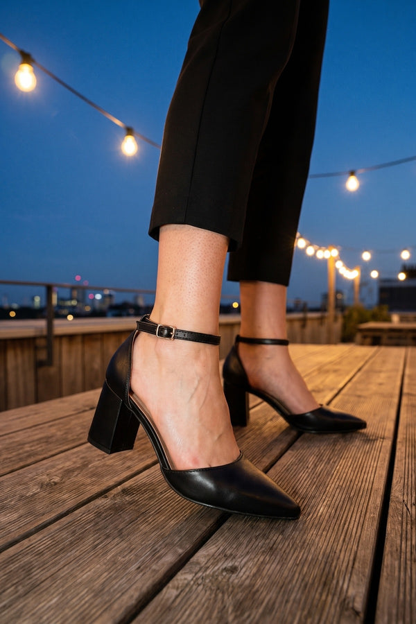 Saoirse Pointed Toe Ankle Strap Heels - Black
