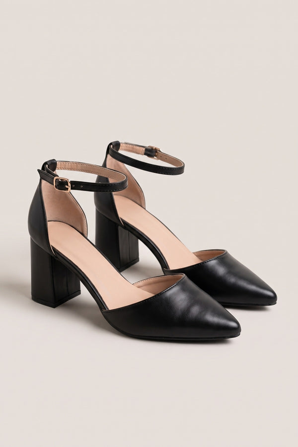 Saoirse Pointed Toe Ankle Strap Heels - Black