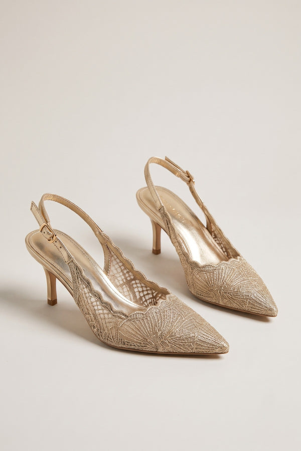 Saoirse Pointed Toe Lace Slingback Heels - Gold