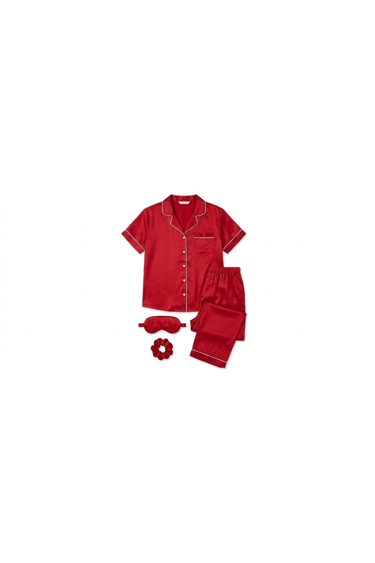 Saryna Satin Button Up Pyjama Set With Matching Eye Mask & Scrunchie - Black_wb