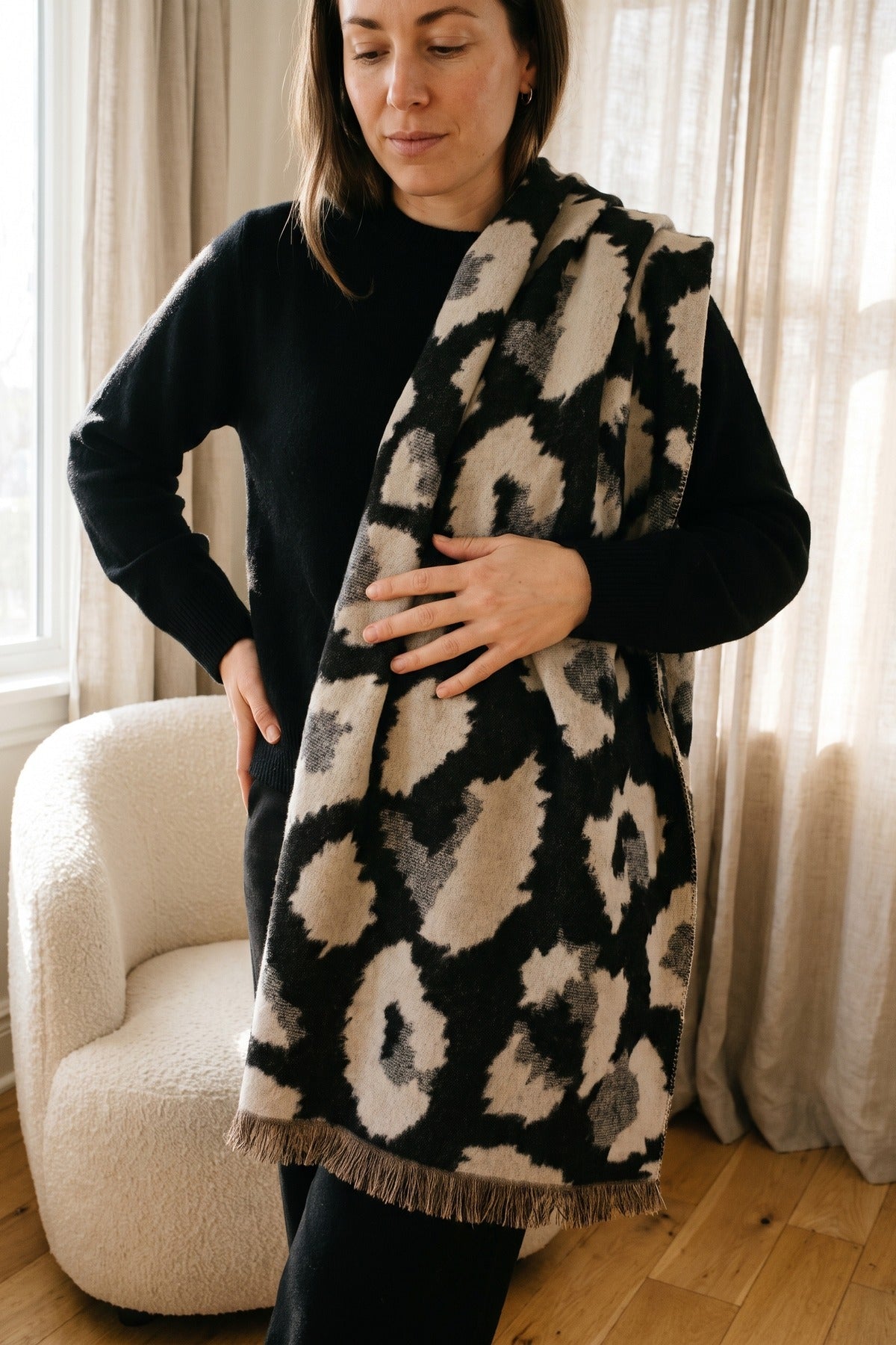 Diya Leopard Print Fringed Woven Scarf - Beige