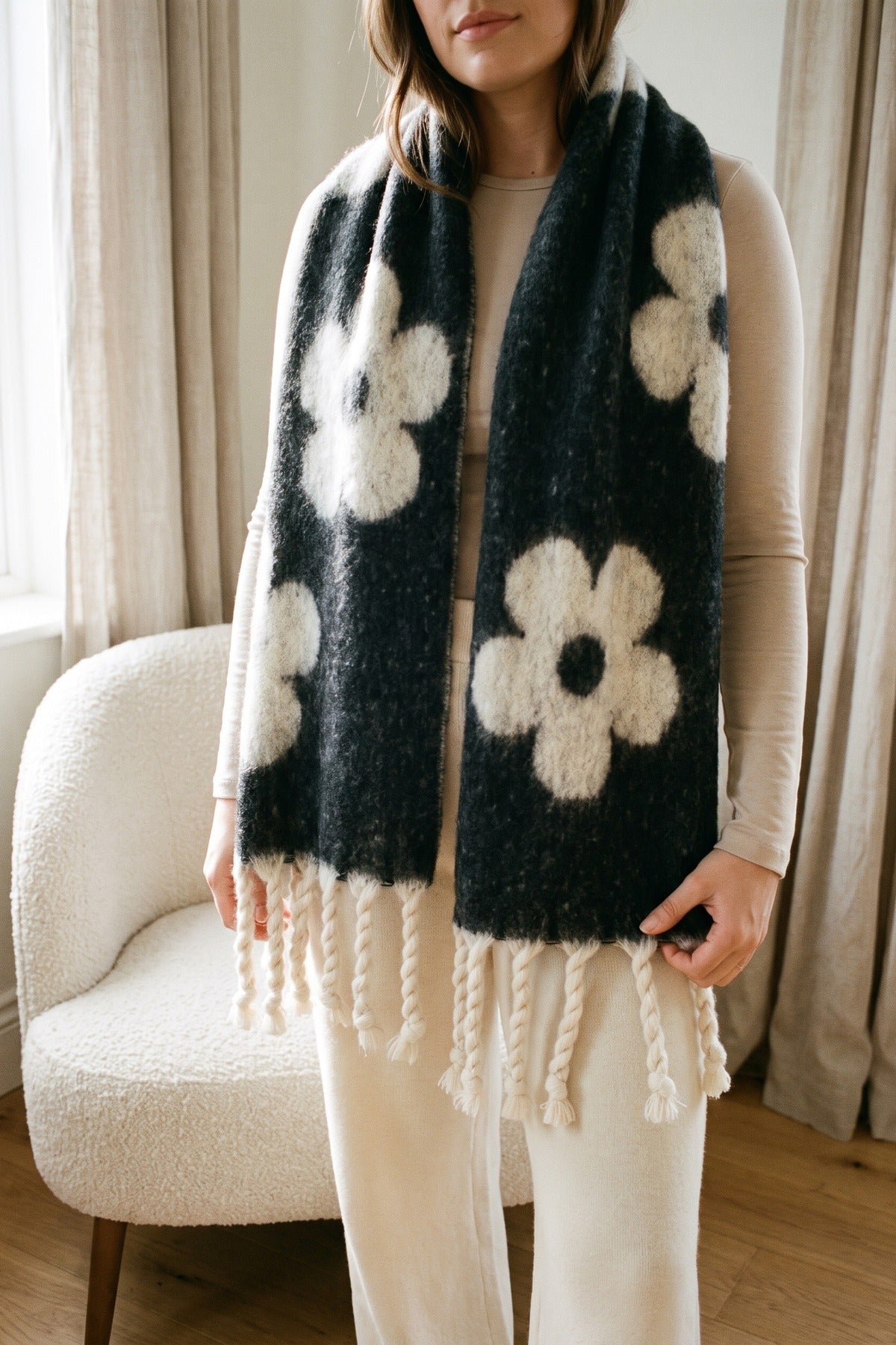 Polina Large Floral Print Tassel Trim Scarf - Black