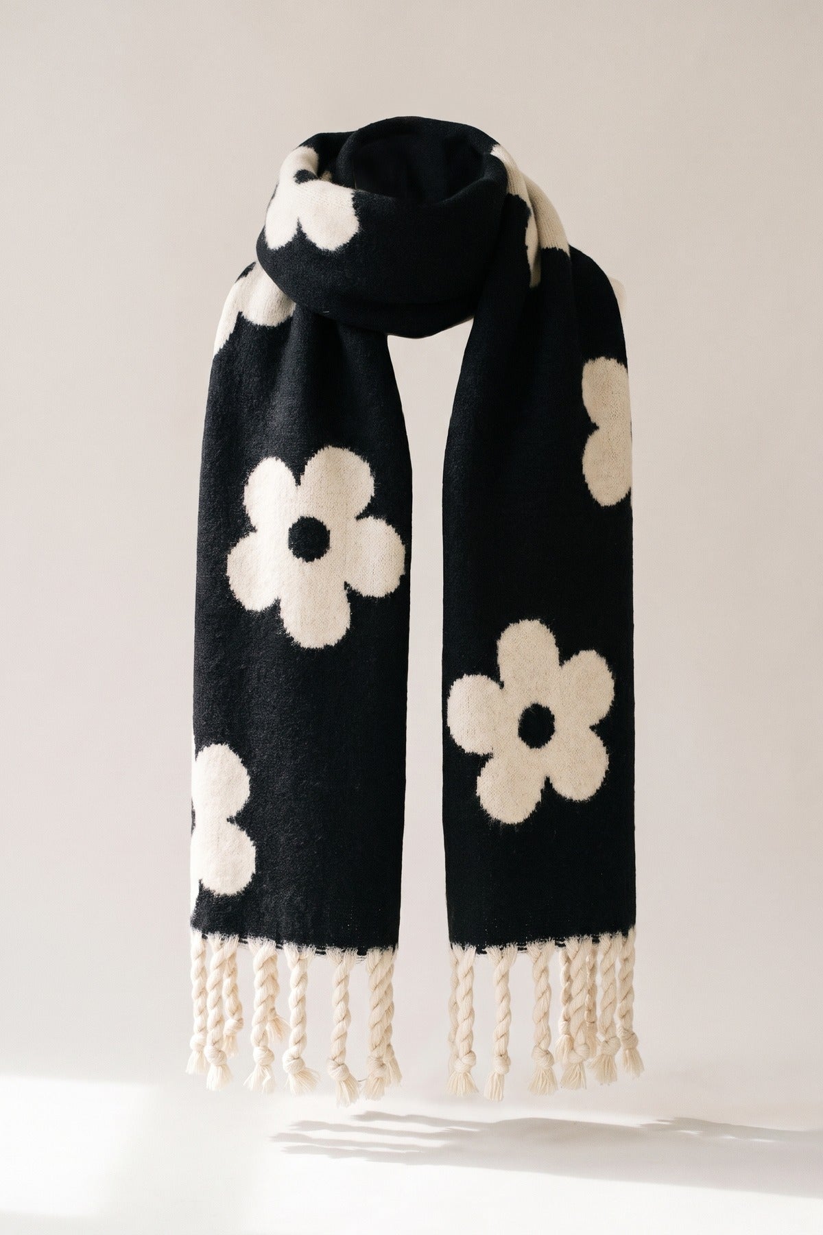 Polina Large Floral Print Tassel Trim Scarf - Black
