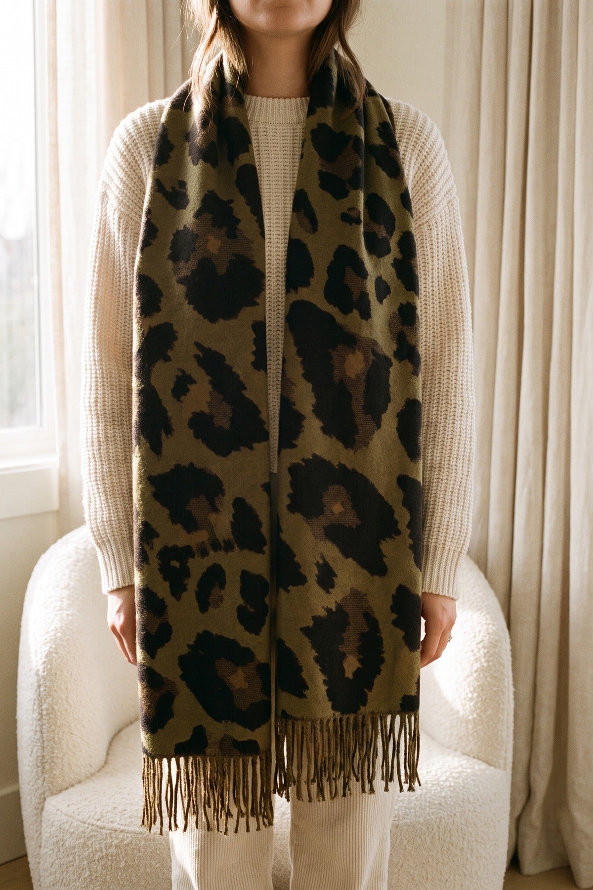 Diya Leopard Print Fringed Woven Scarf - Brown