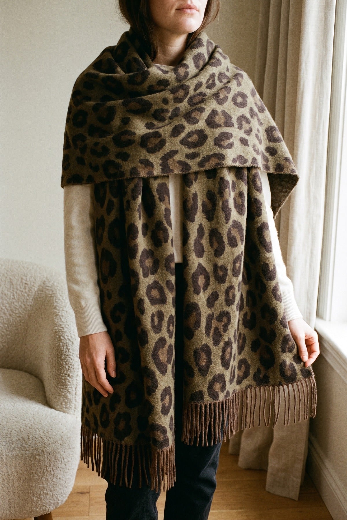 Diya Leopard Print Fringed Woven Scarf - Brown