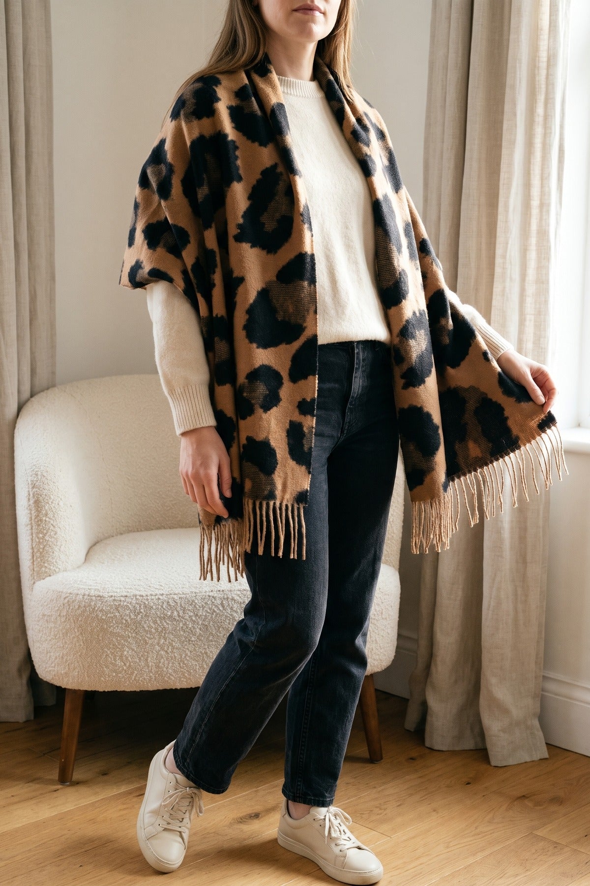 Diya Leopard Print Fringed Woven Scarf - Camel
