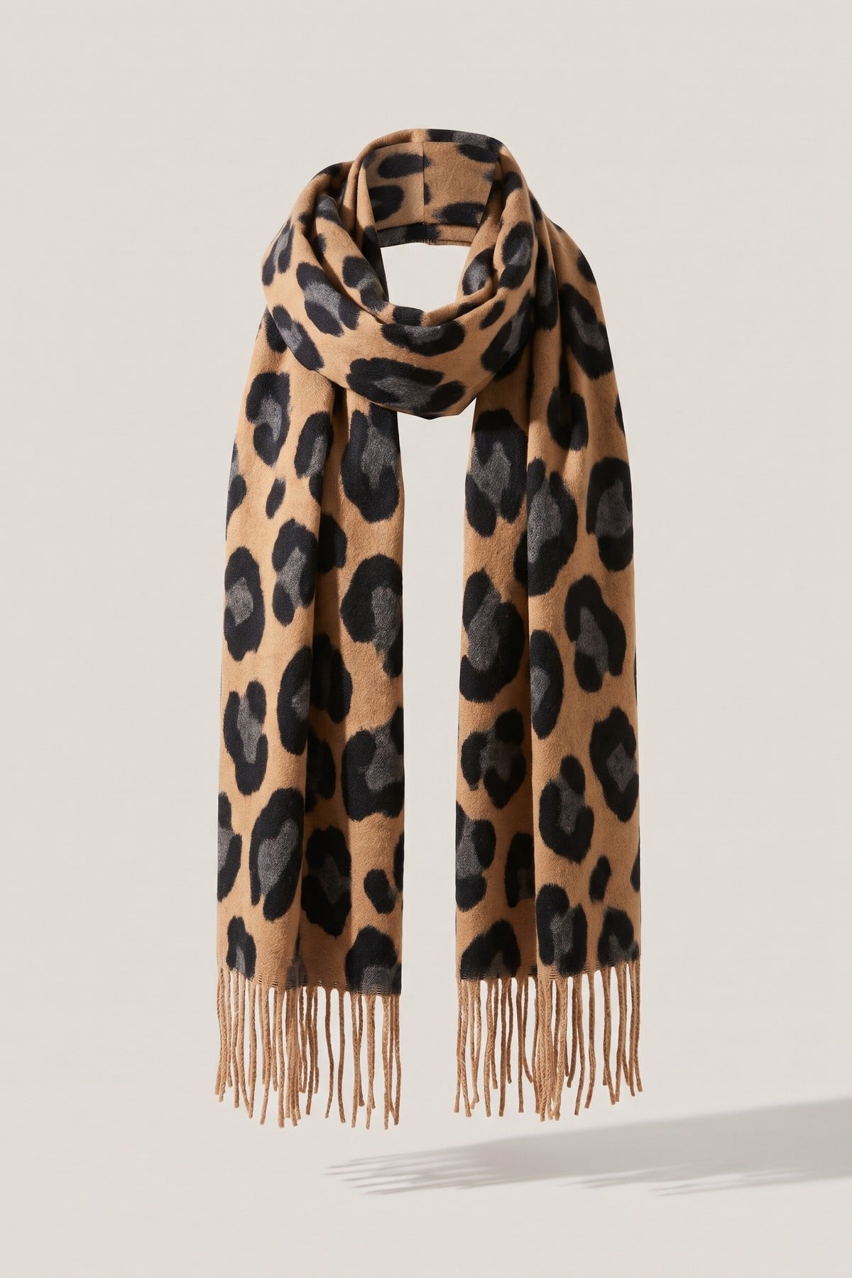 Diya Leopard Print Fringed Woven Scarf - Camel