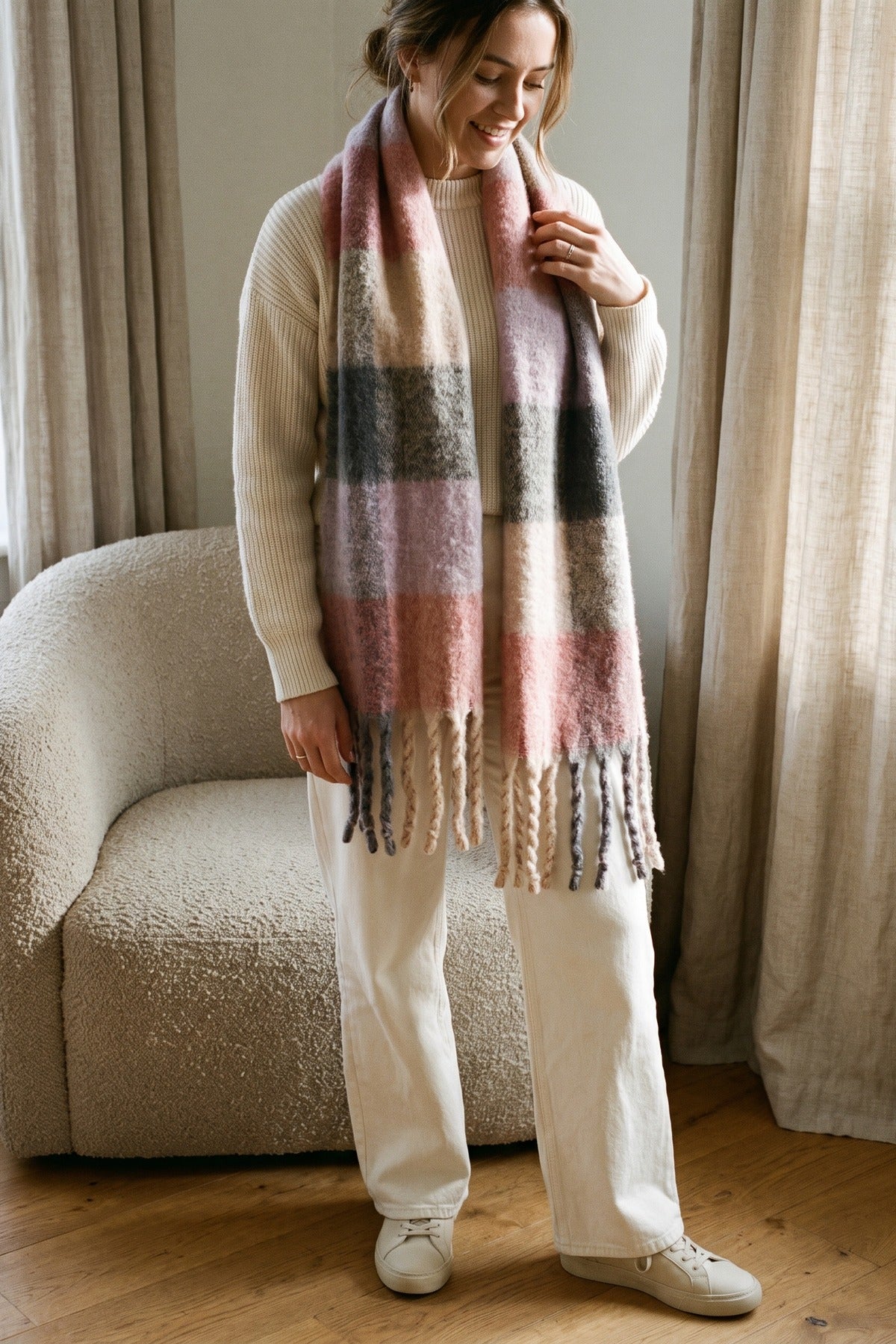 Wiktoria Colour Block Tasselled Scarf - Mauve