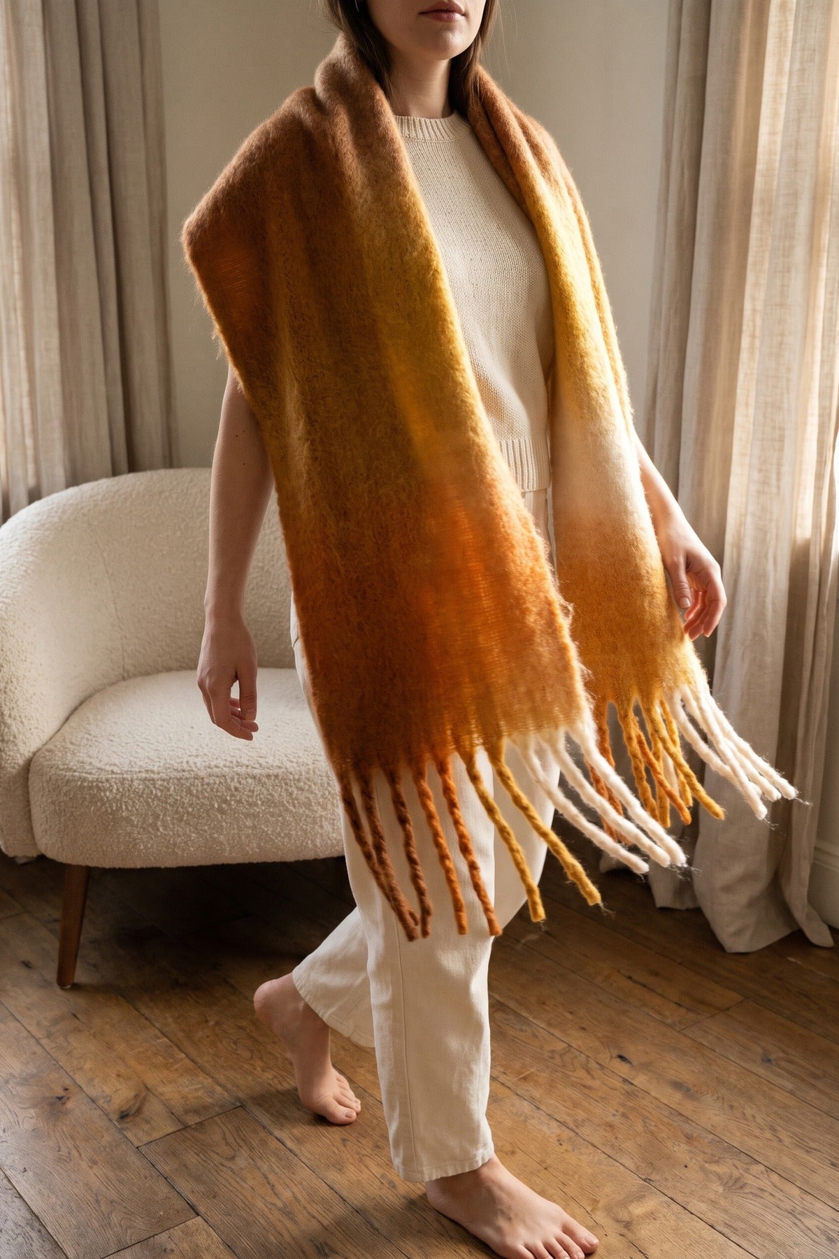 Wiktoria Colour Block Tasselled Scarf - Orange