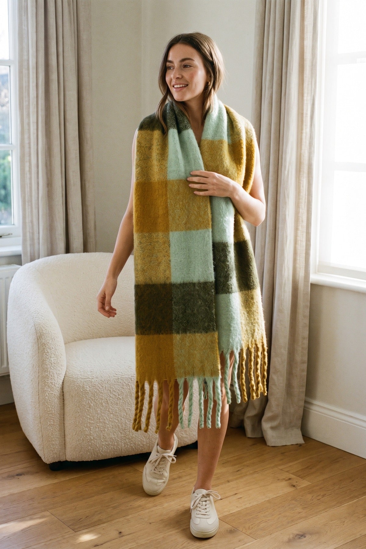 Wiktoria Colour Block Tasselled Scarf - Mustard