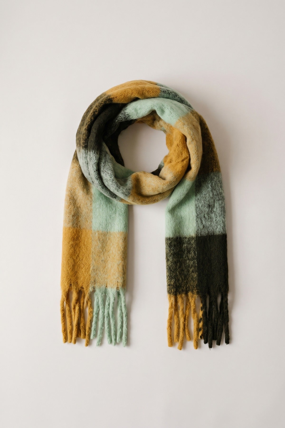Wiktoria Colour Block Tasselled Scarf - Mustard