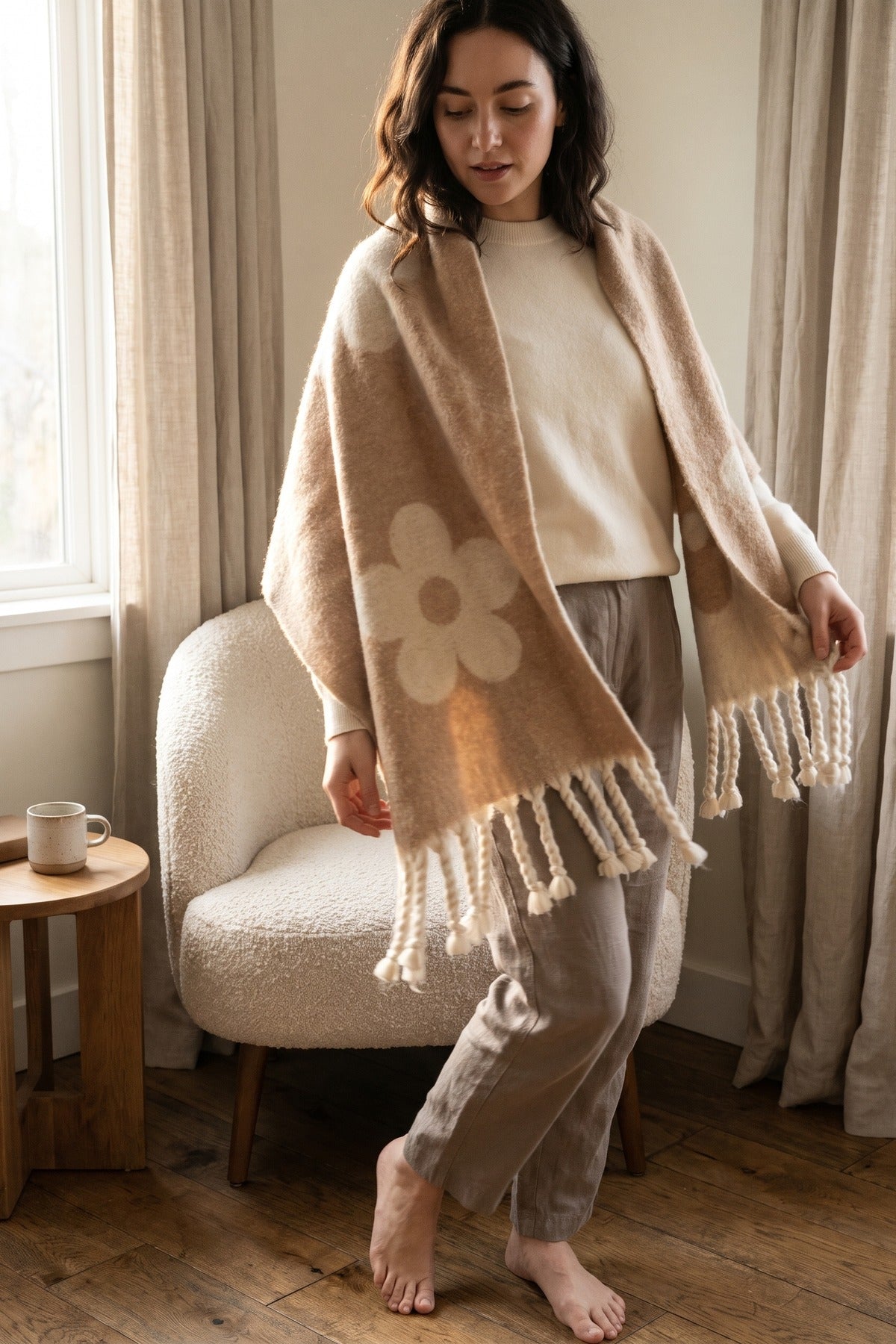 Polina Large Floral Print Tassel Trim Scarf - Taupe