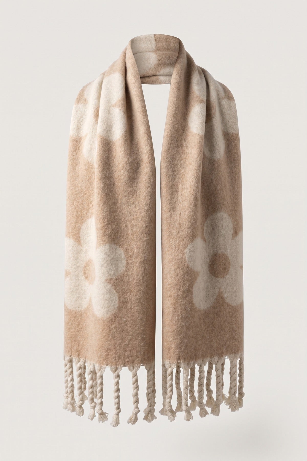 Polina Large Floral Print Tassel Trim Scarf - Taupe