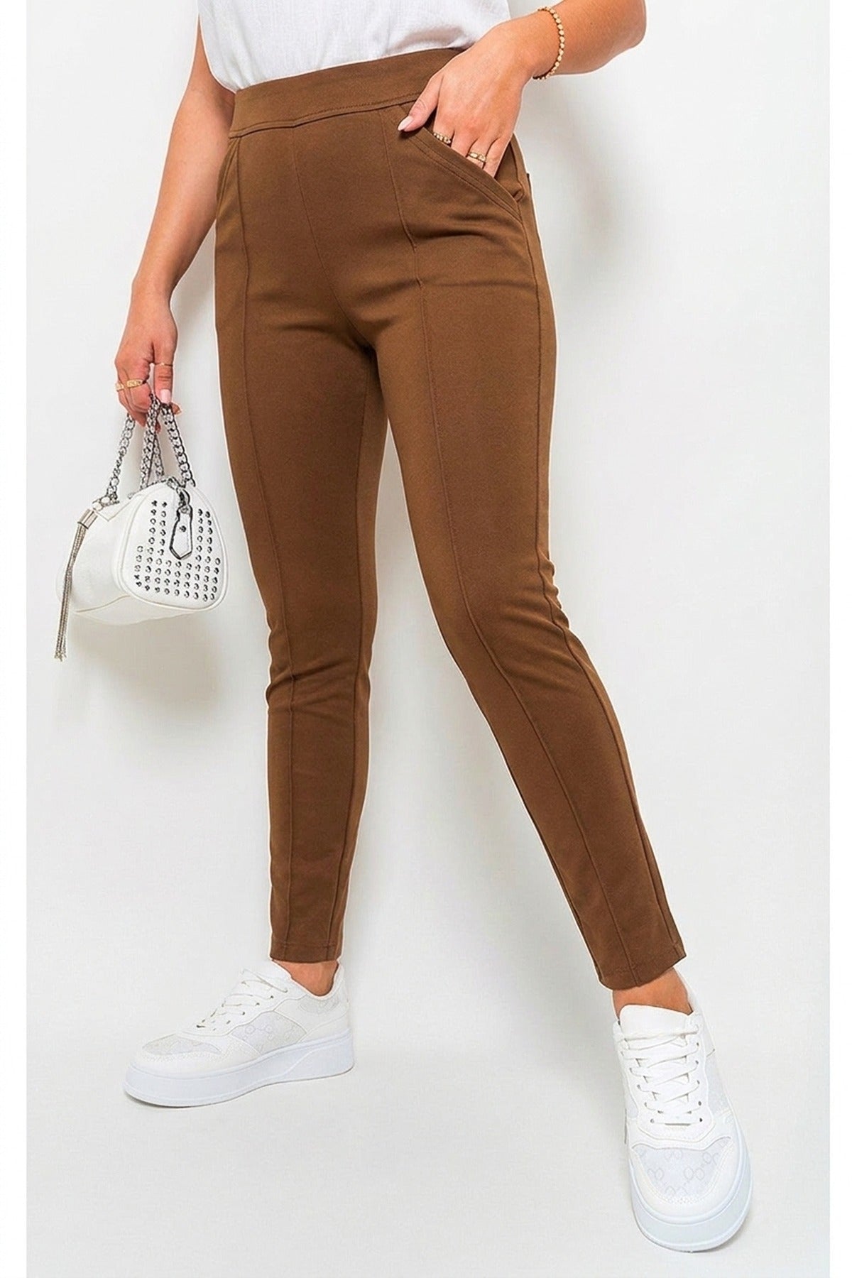 Selene Wide Waistband Trouser With Front Pockets - Brown