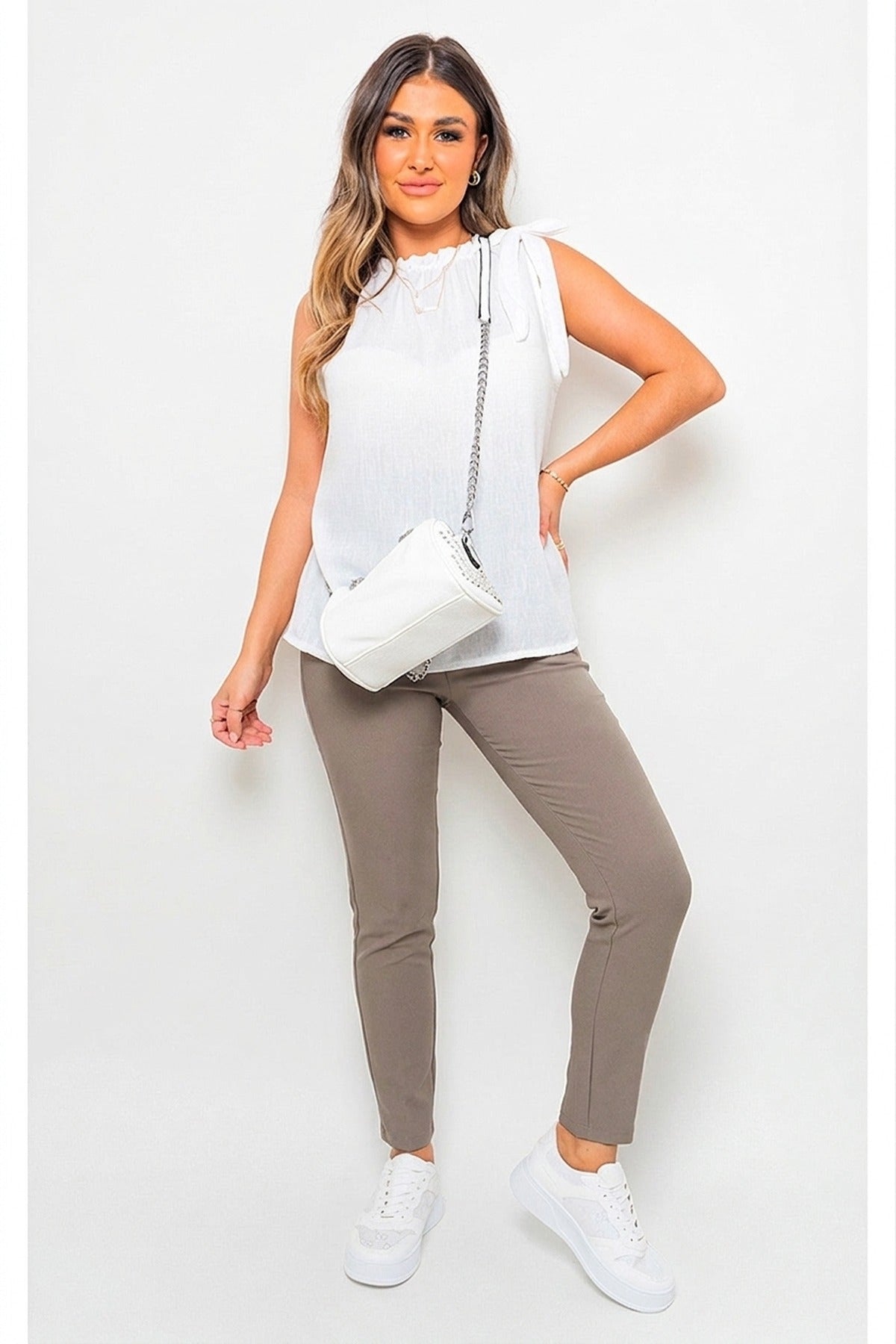 Selene Wide Waistband Trouser With Front Pockets - Taupe