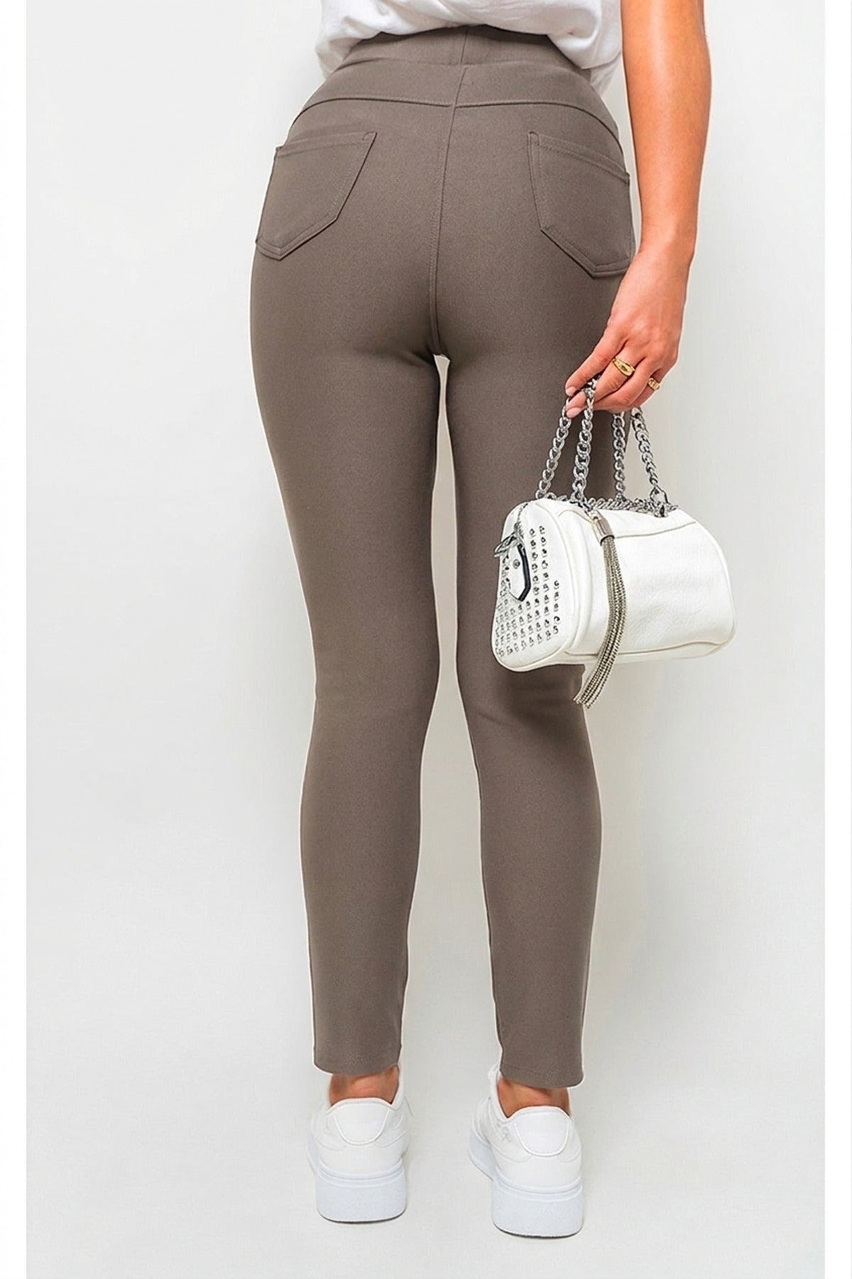 Selene Wide Waistband Trouser With Front Pockets - Taupe