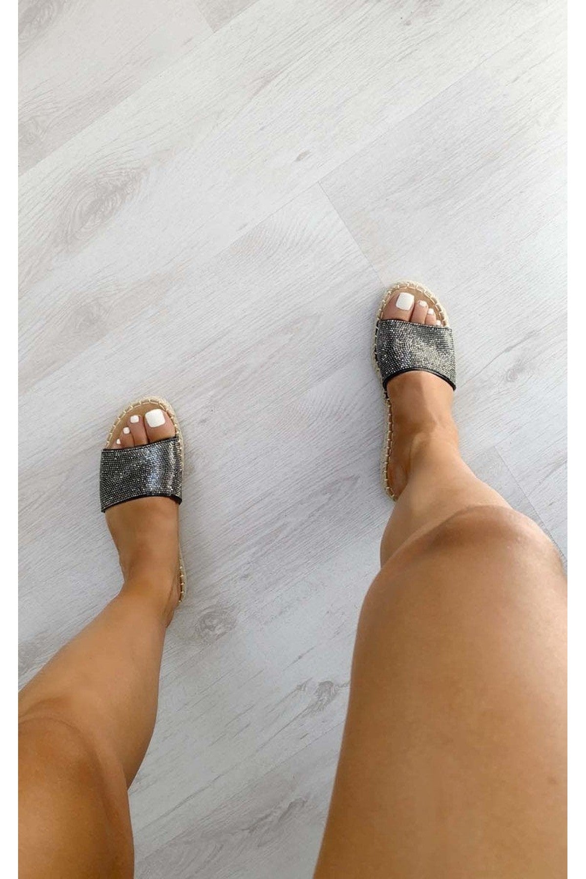 Shannon Diamante Slip On Sandals - Black