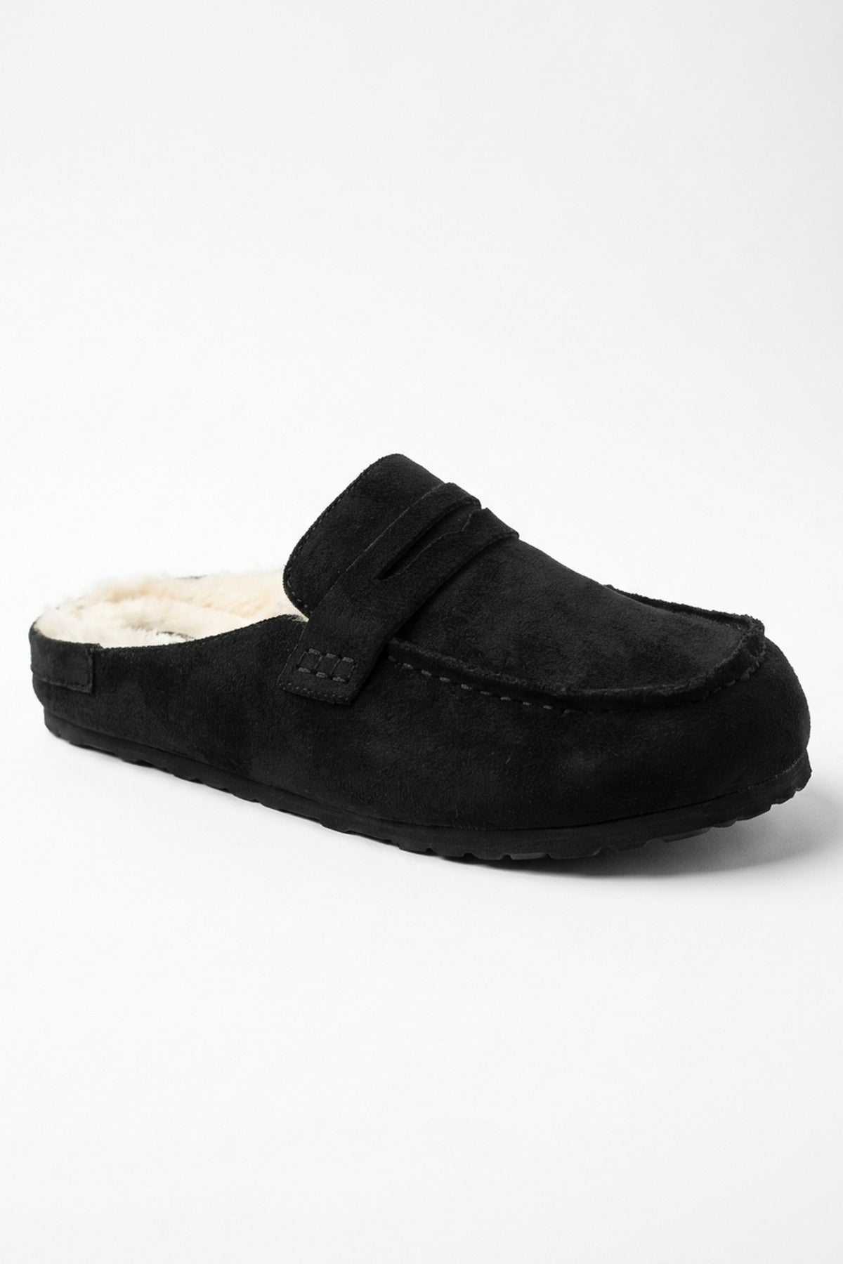 Nuala Faux Suede Fur Lined Mules - Black