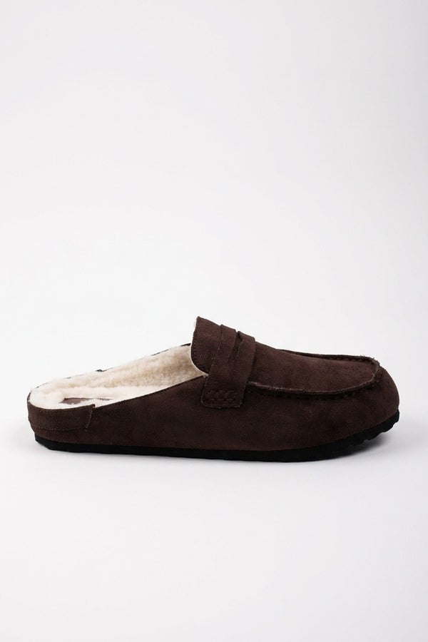 Nuala Faux Suede Fur Lined Mules - Brown