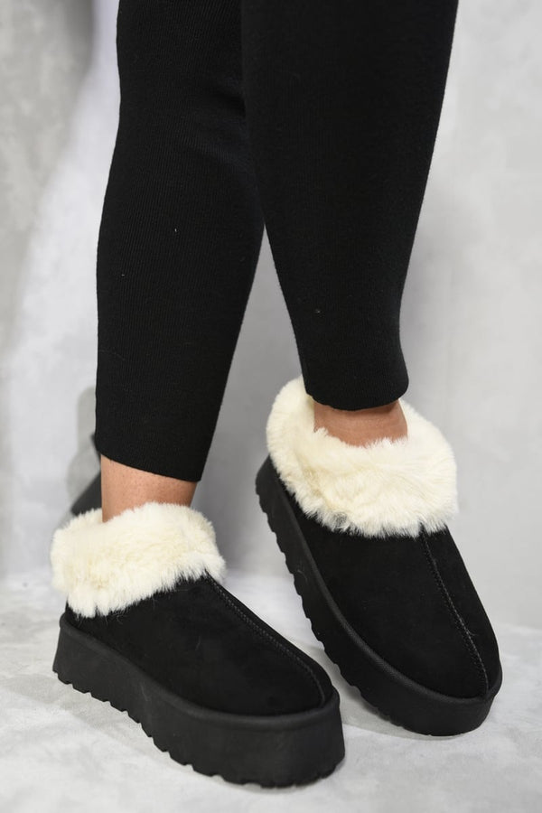 Shella Faux Fur Trim Platform Ankle Boots - Black
