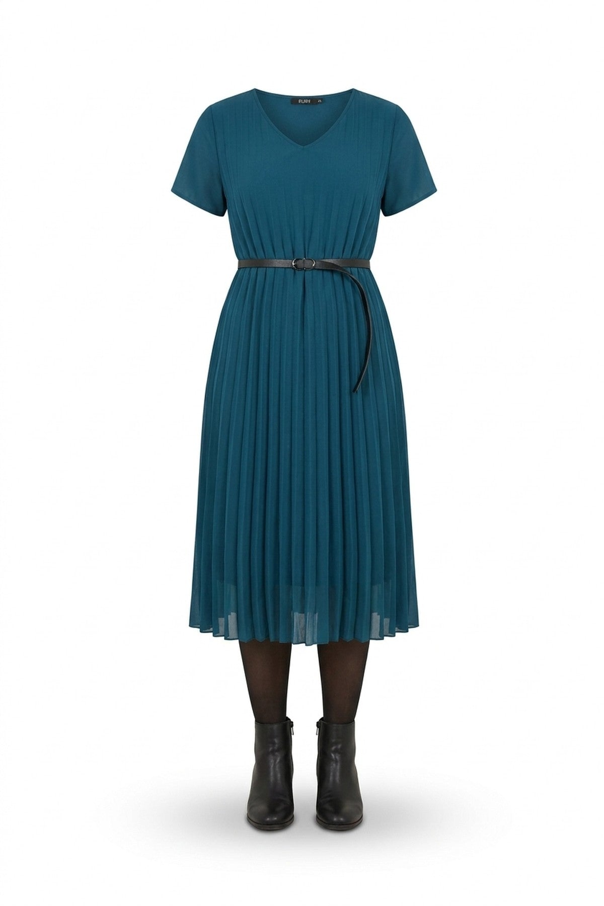 Elidi Short Sleeve Pleated Midi Dress With Waist Belt - Petrol_wb